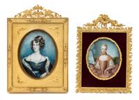 Two Continental Portrait Miniatures Larger example 4 3/4 x 3 3/4 inches. — 19TH/20TH CENTURY