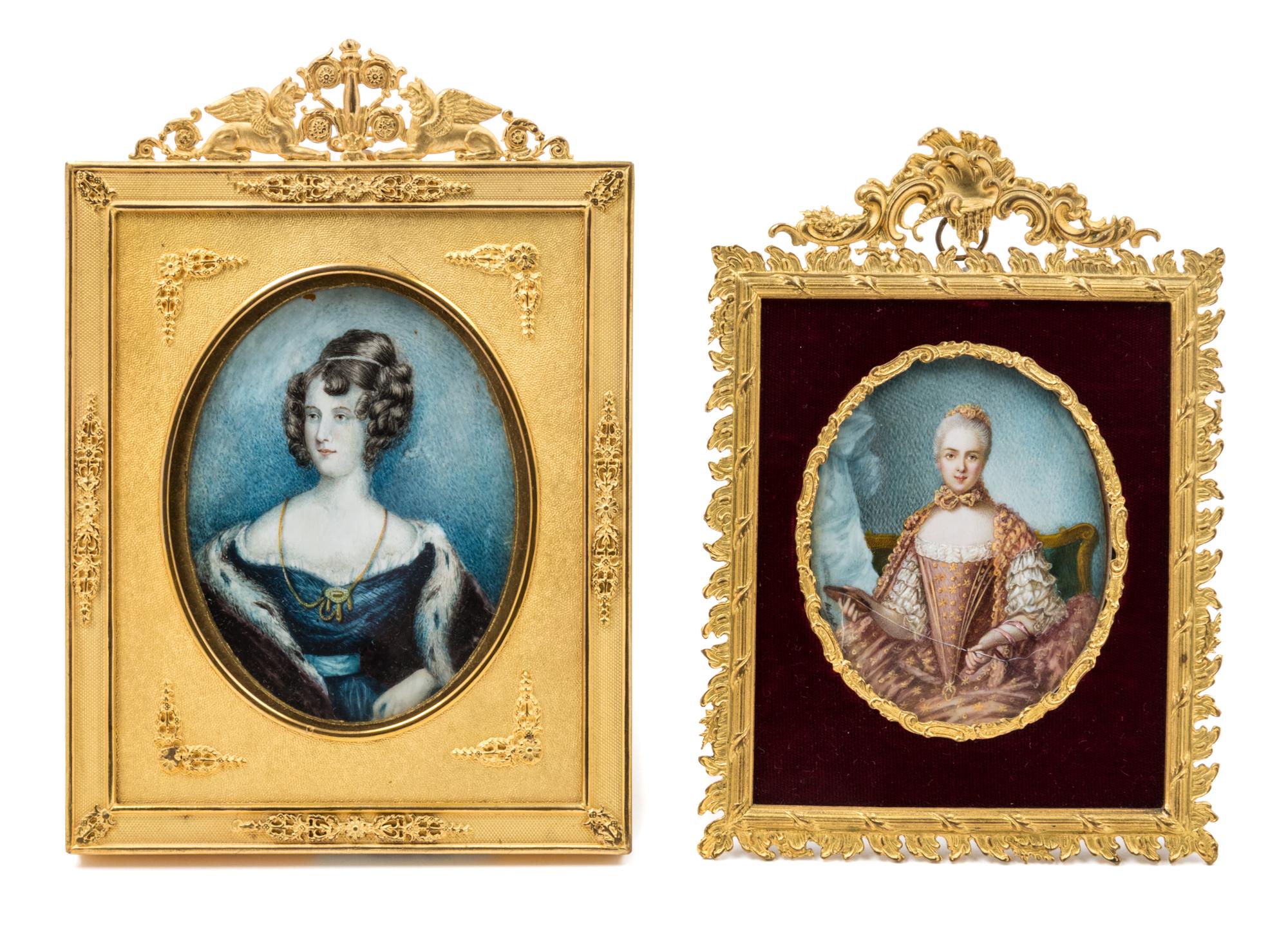 Two Continental Portrait Miniatures Larger example 4 3/4 x 3 3/4 inches. — 19TH/20TH CENTURY