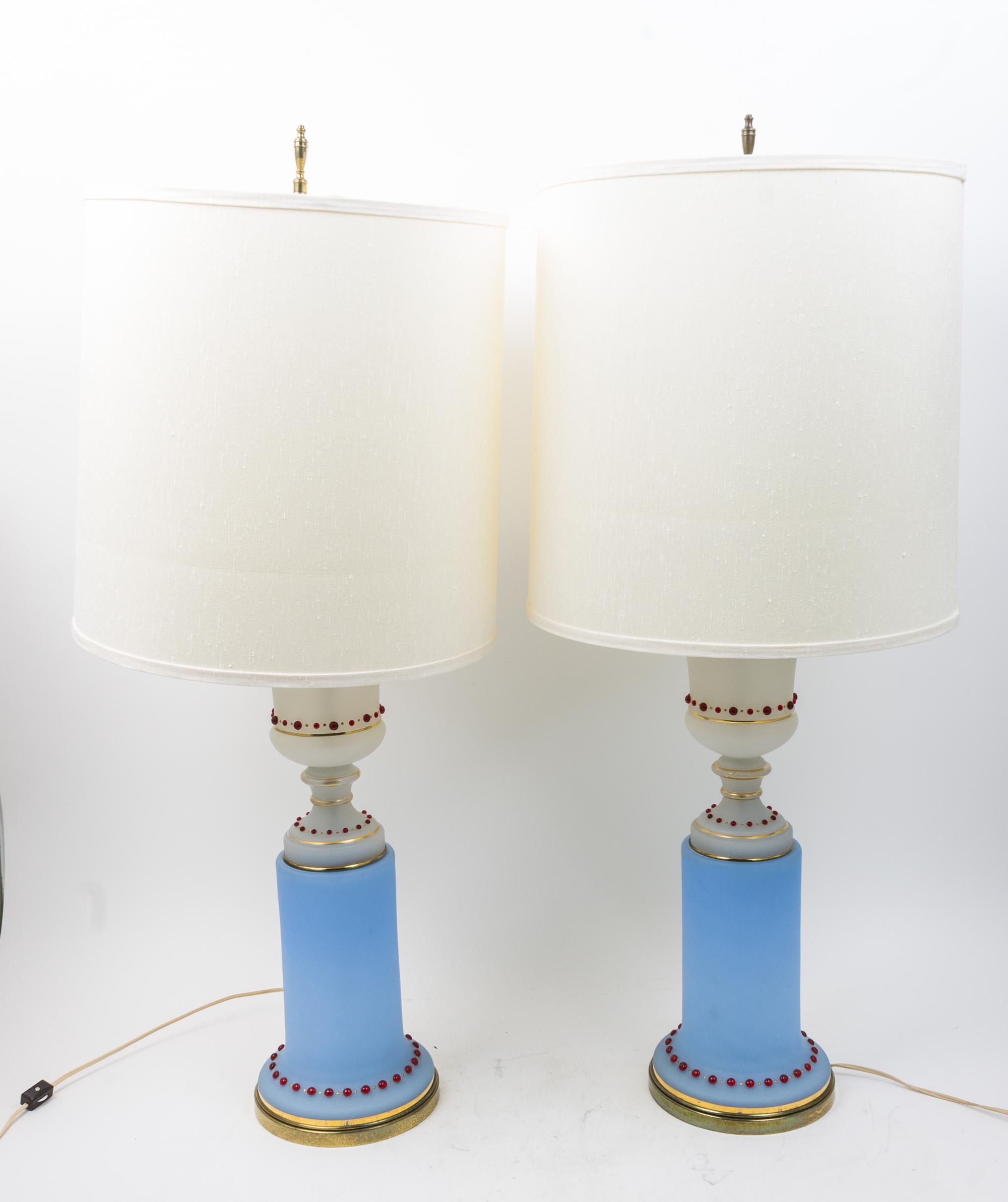 A Pair of Opaline Glass Table Lamps Height overall 39 inches. — 20TH CENTURY