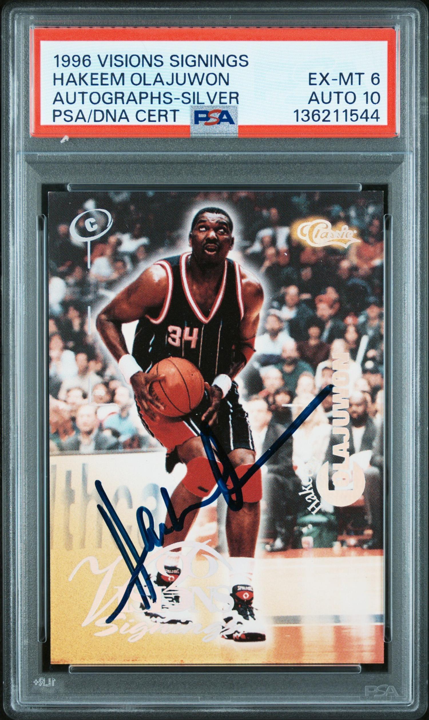 A 1996 Visions Signings Hakeem Olajuwon Signed Autograph Basketball Card (PSA 6 EX-MT, 10 AUTO)
