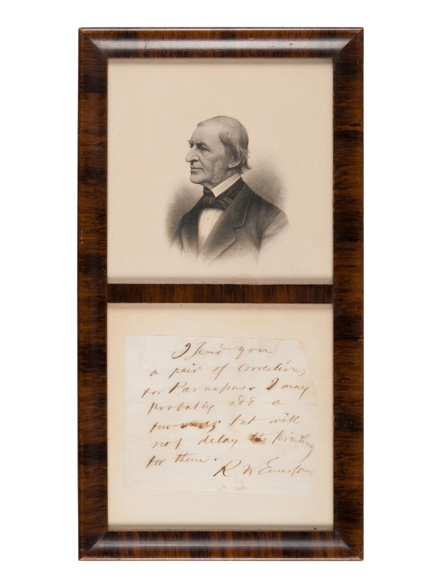 EMERSON, Ralph Waldo (1803-1882). Autograph note signed (“R. W. Emerson”) to an unnamed recipient, n.d.