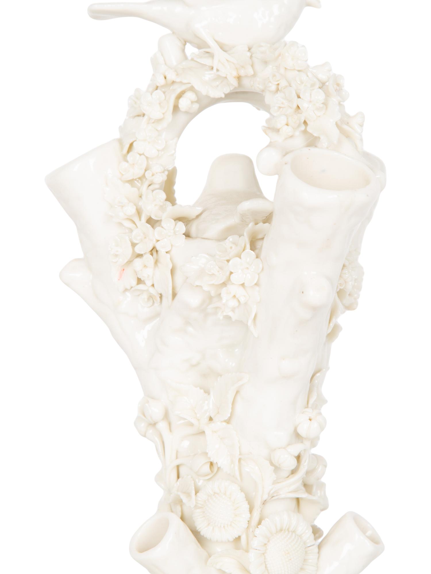 A Pair of Irish Belleek White Porcelain Bird's Nest Tree Stump Vases — LATE 19TH/EARLY 20TH CENTURY