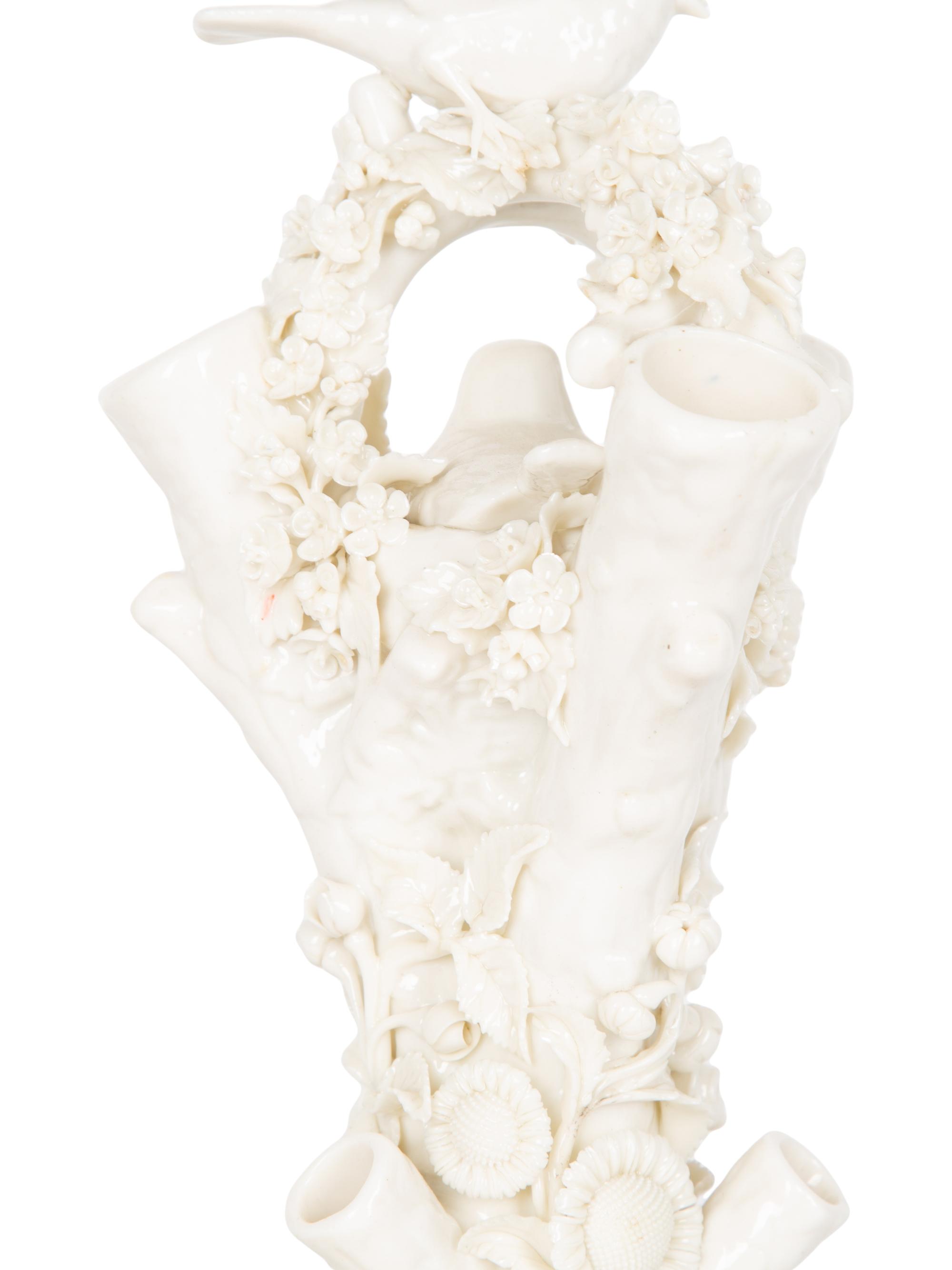 A Pair of Irish Belleek White Porcelain Bird's Nest Tree Stump Vases — LATE 19TH/EARLY 20TH CENTURY