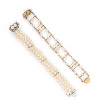 TWO CULTURED PEARL AND GOLD BRACELETS