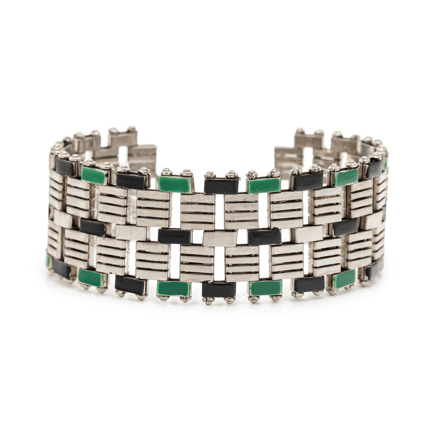 ART DECO, CHROME-PLATED BRASS AND ENAMEL BRACELET