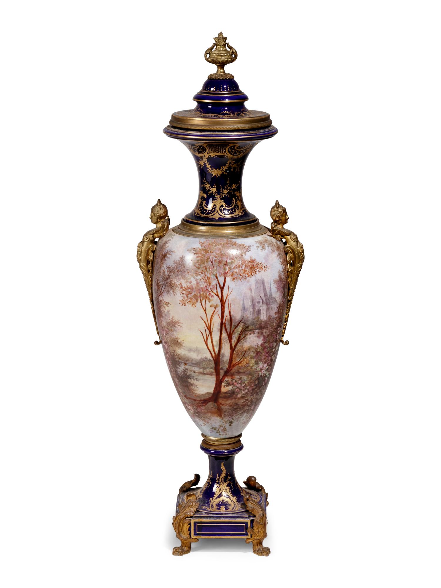 A Sèvres Style Gilt Metal Mounted Porcelain Covered Urn