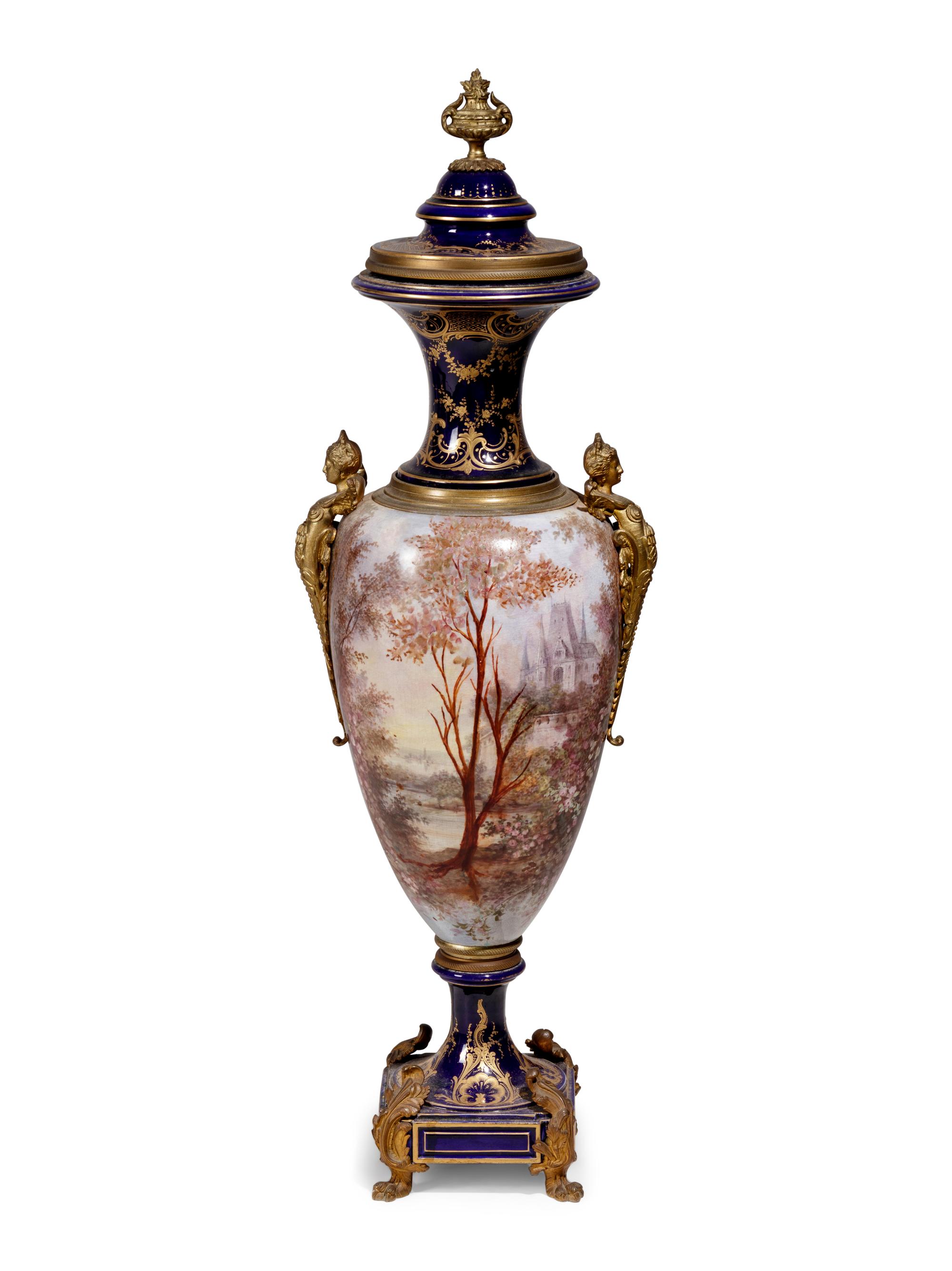 A Sèvres Style Gilt Metal Mounted Porcelain Covered Urn