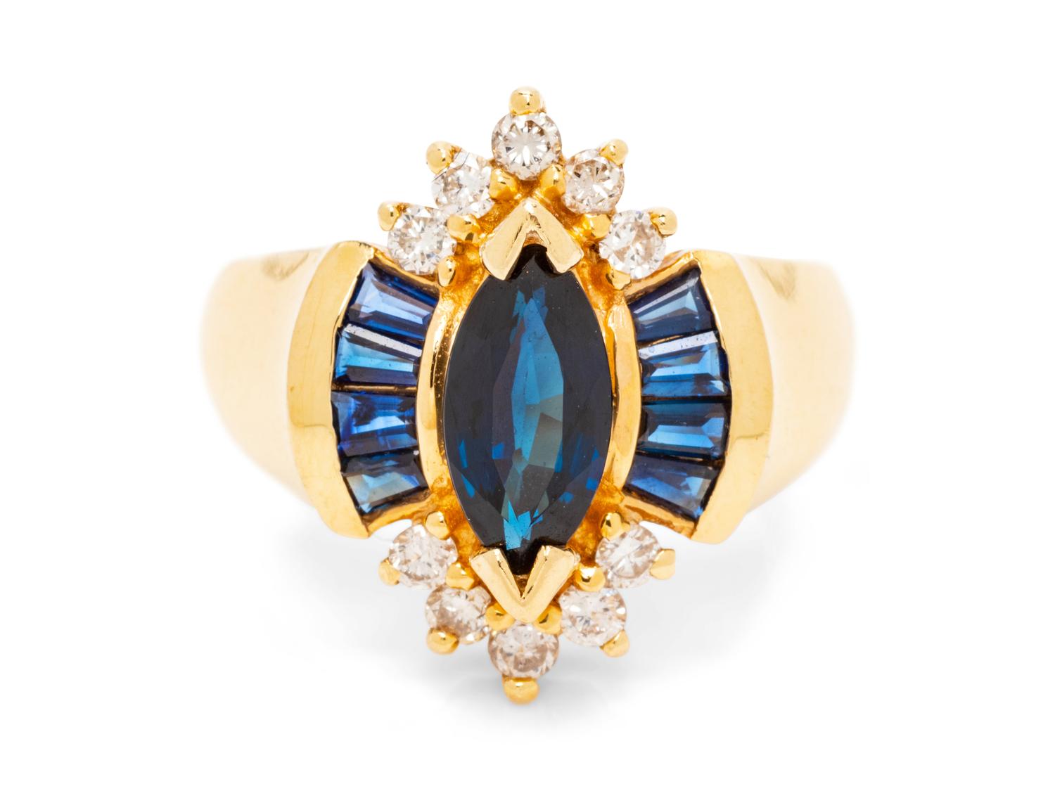 A 14 Karat Yellow Gold, Sapphire and Diamond Ring,