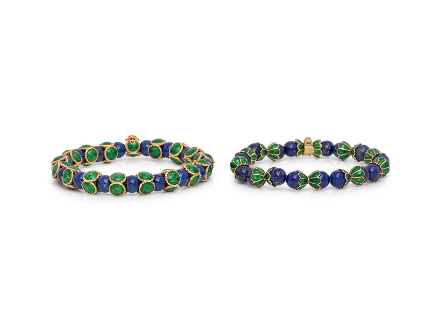 FRENCH, LAPIS LAZULI AND ENAMEL BEAD BRACELET SET