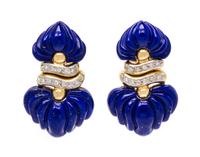 A Pair of Yellow Gold, Lapis Lazuli and Diamond Earclips, 10.10 dwts.