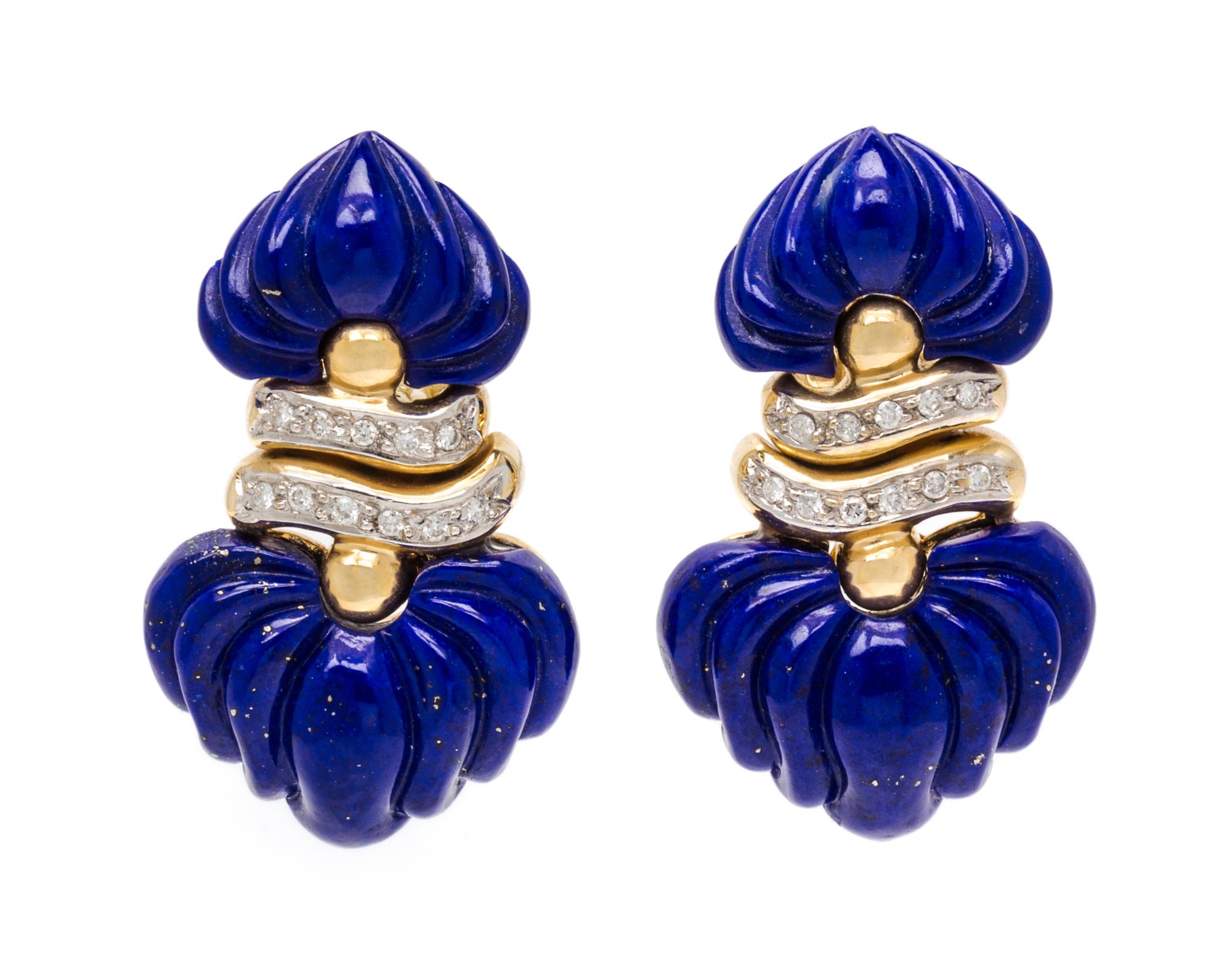 A Pair of Yellow Gold, Lapis Lazuli and Diamond Earclips, 10.10 dwts.