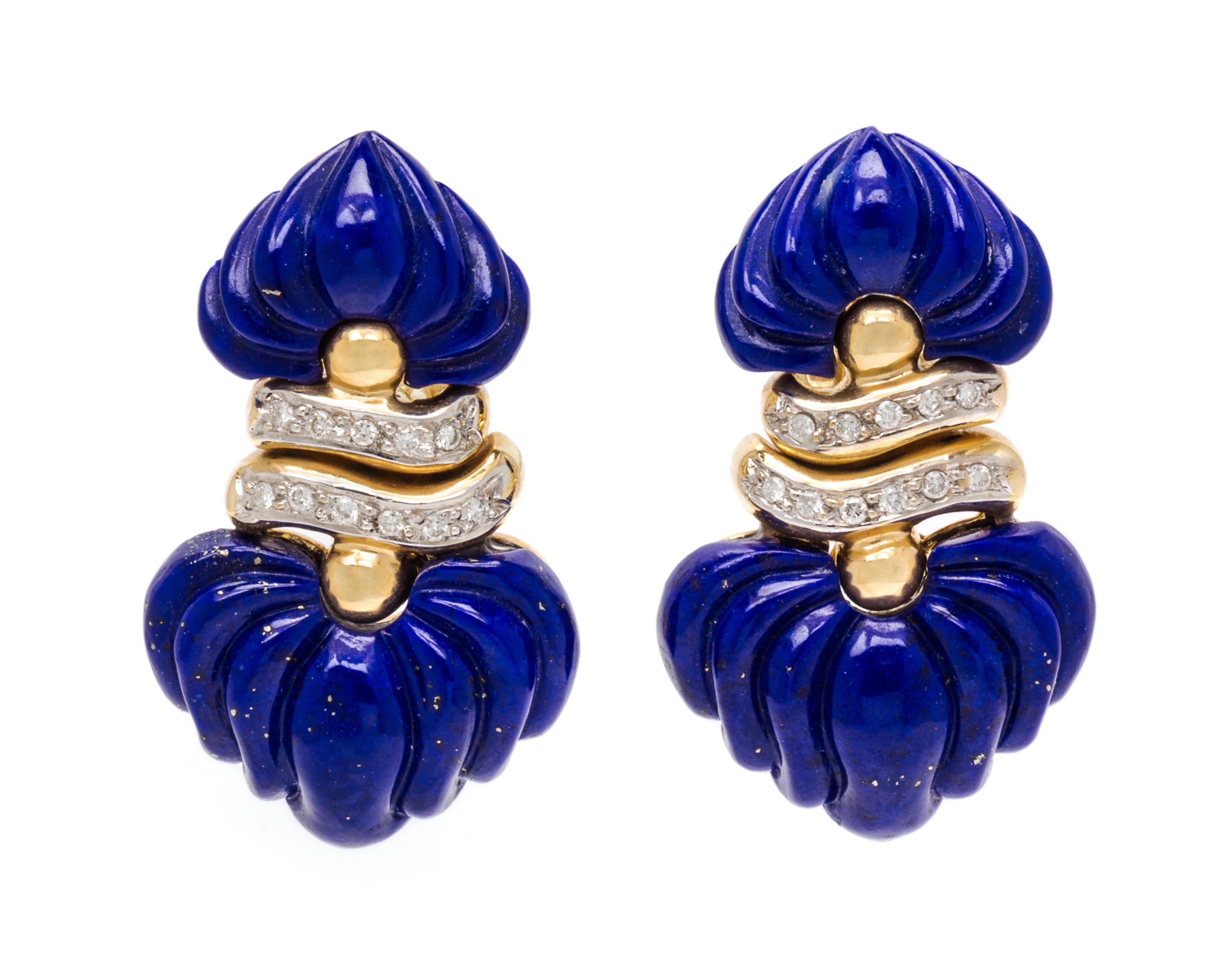 A Pair of Yellow Gold, Lapis Lazuli and Diamond Earclips, 10.10 dwts.