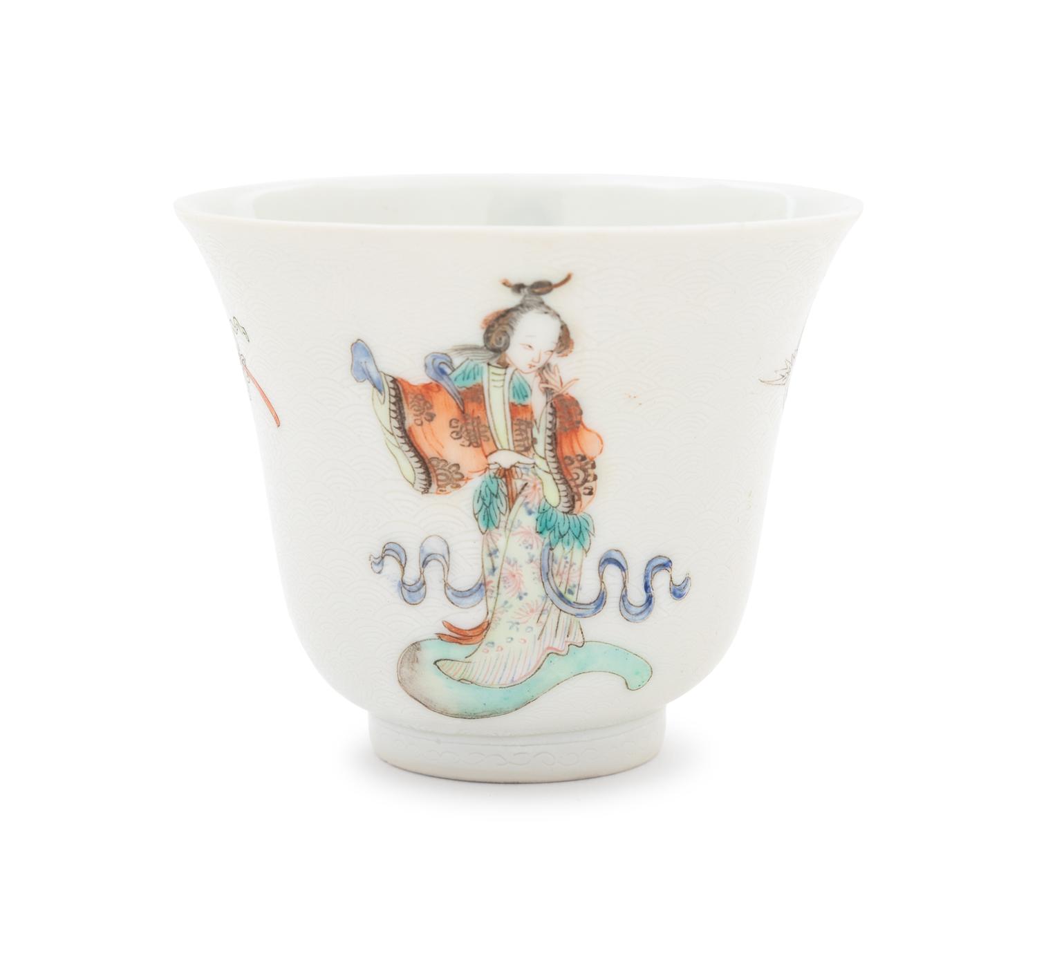 Six White Sgraffito Ground Famille Rose Porcelain "Eight Immortal' Bell-Shaped Wine Cups