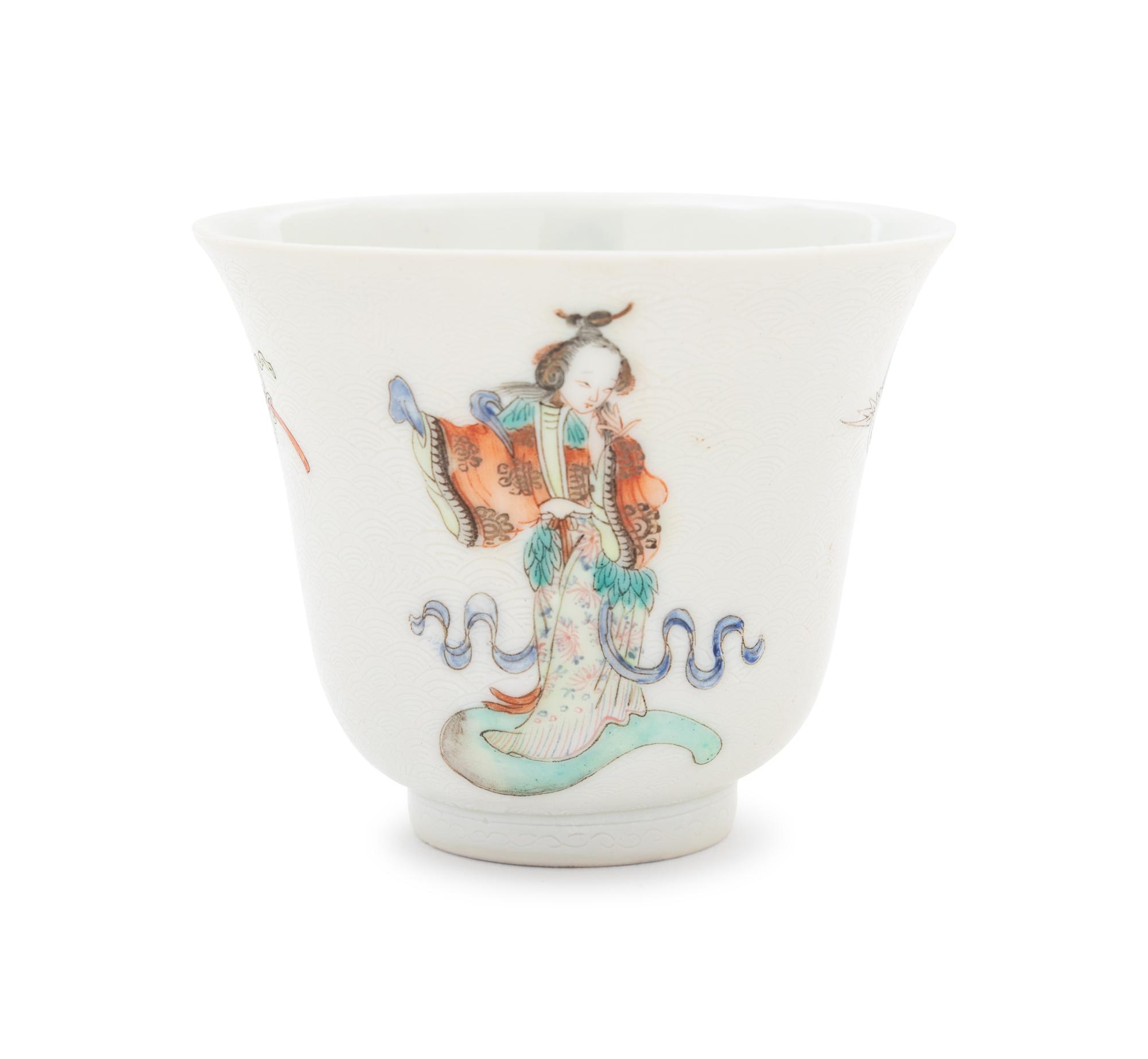 Six White Sgraffito Ground Famille Rose Porcelain "Eight Immortal' Bell-Shaped Wine Cups