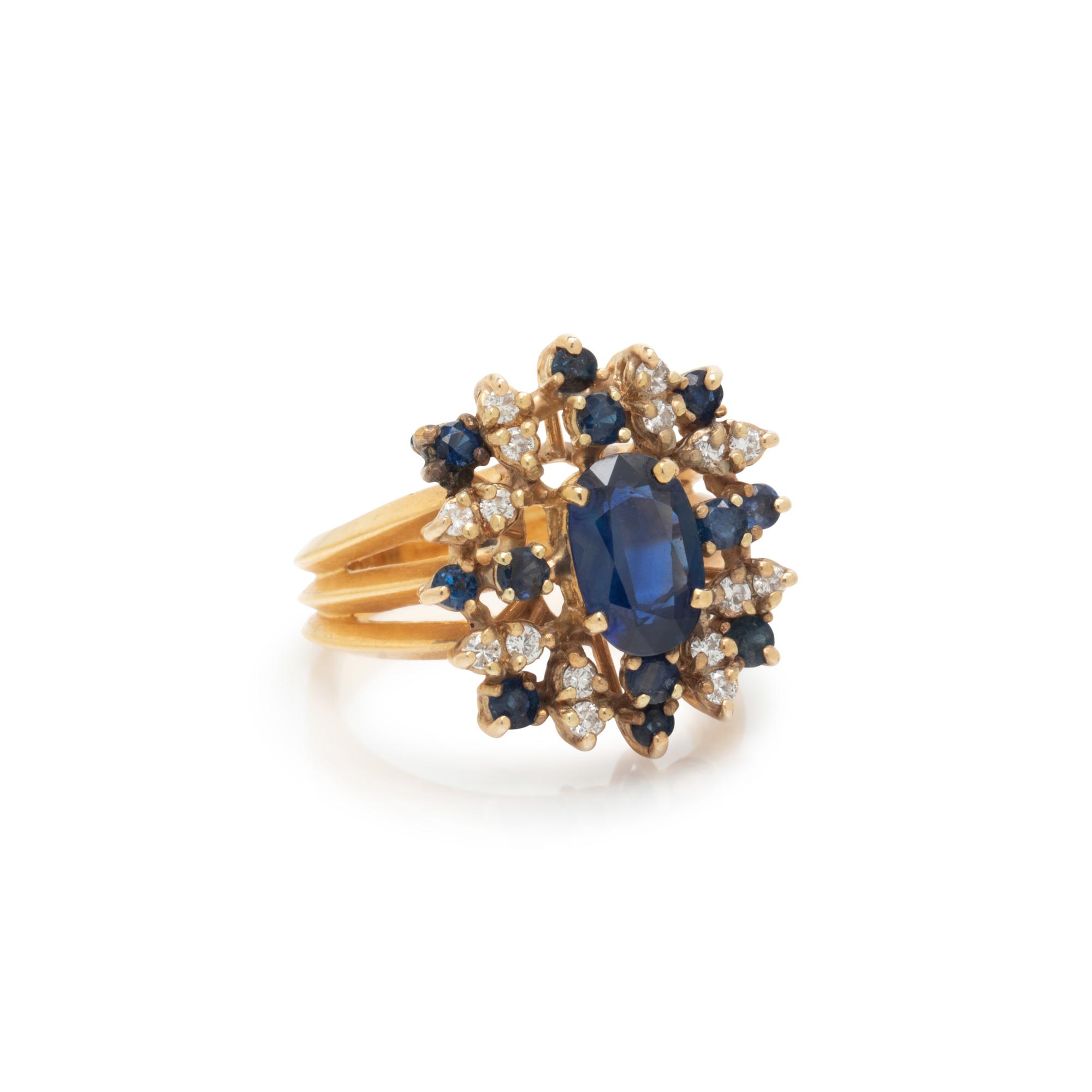 SYNTHETIC SAPPHIRE, SAPPHIRE, AND DIAMOND RING