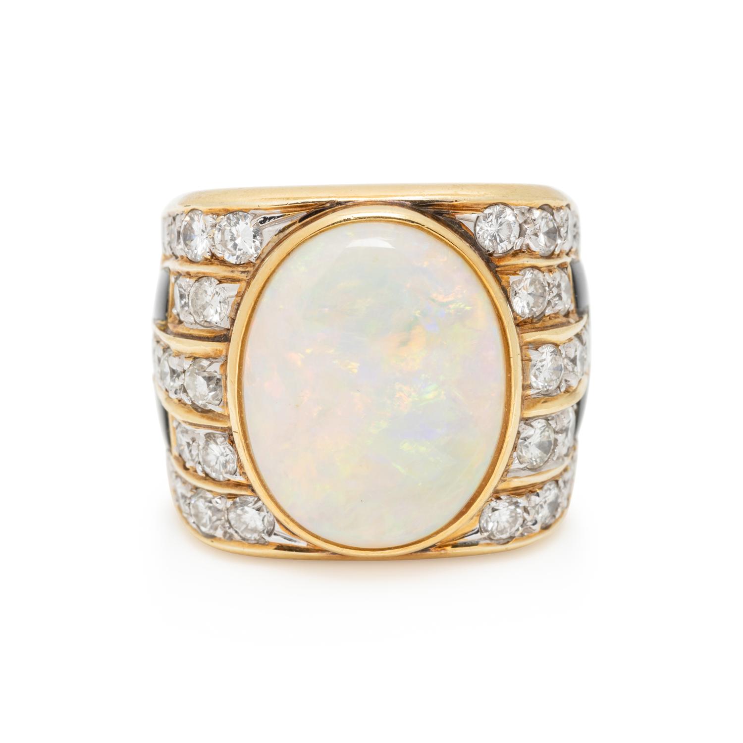OPAL, DIAMOND AND ENAMEL RING