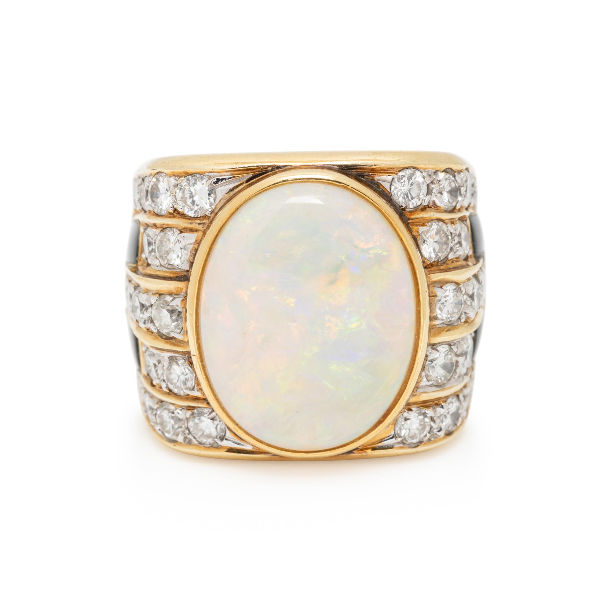 OPAL, DIAMOND AND ENAMEL RING