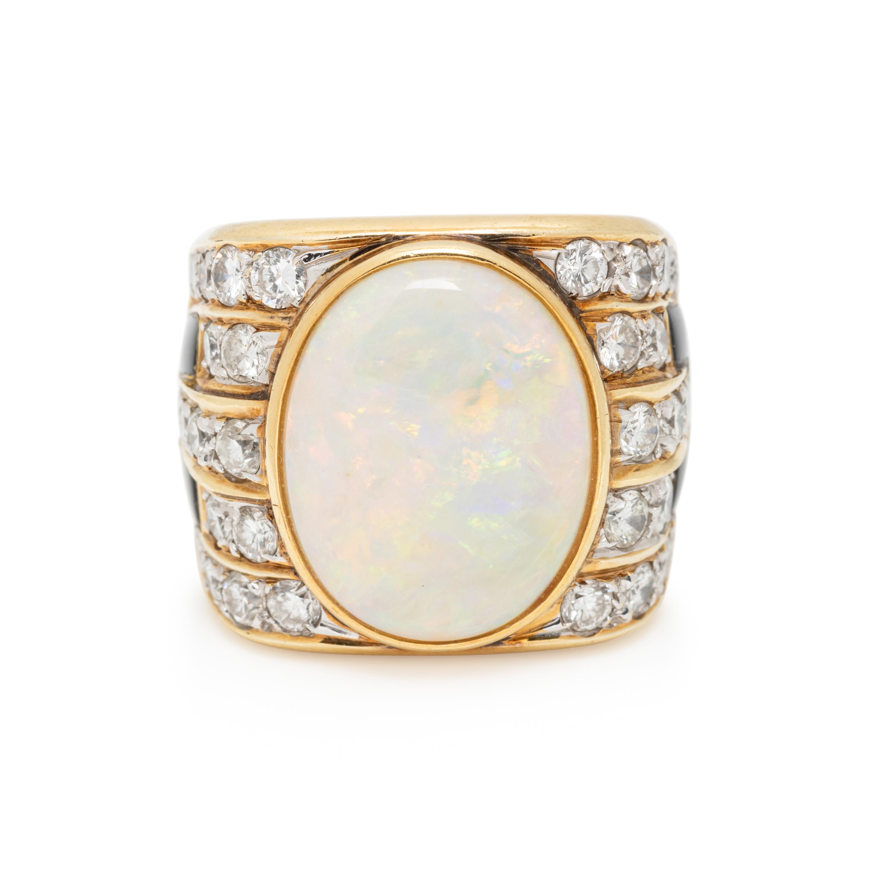 OPAL, DIAMOND AND ENAMEL RING