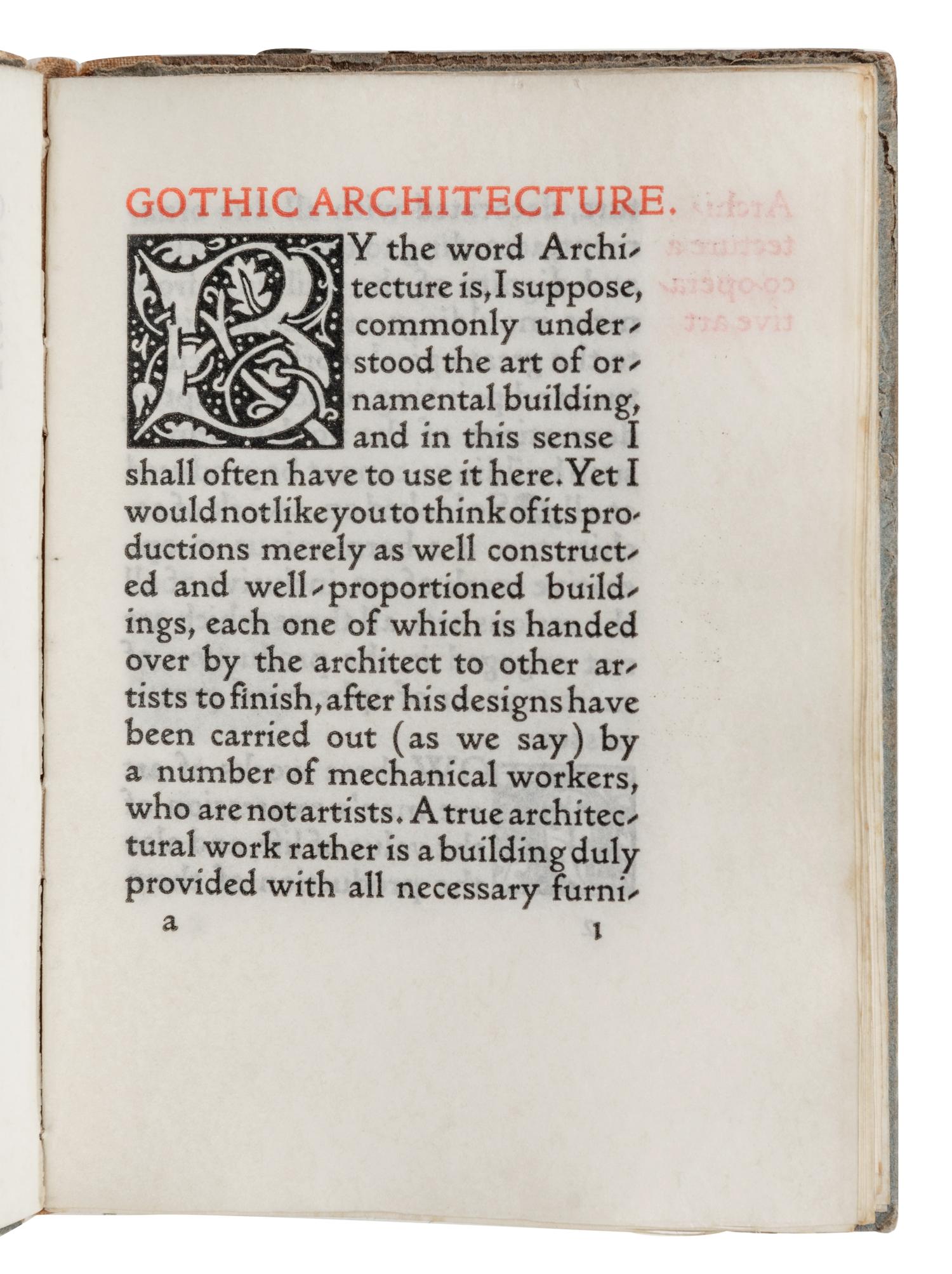 [MORRIS, William, his copy] -- [KELMSCOTT PRESS]. MORRIS, William (1834-1896). Gothic Architecture: A Lecture for the Arts and Crafts Exhibition Society . Hammersmith: The Kelmscott Press, 1893.