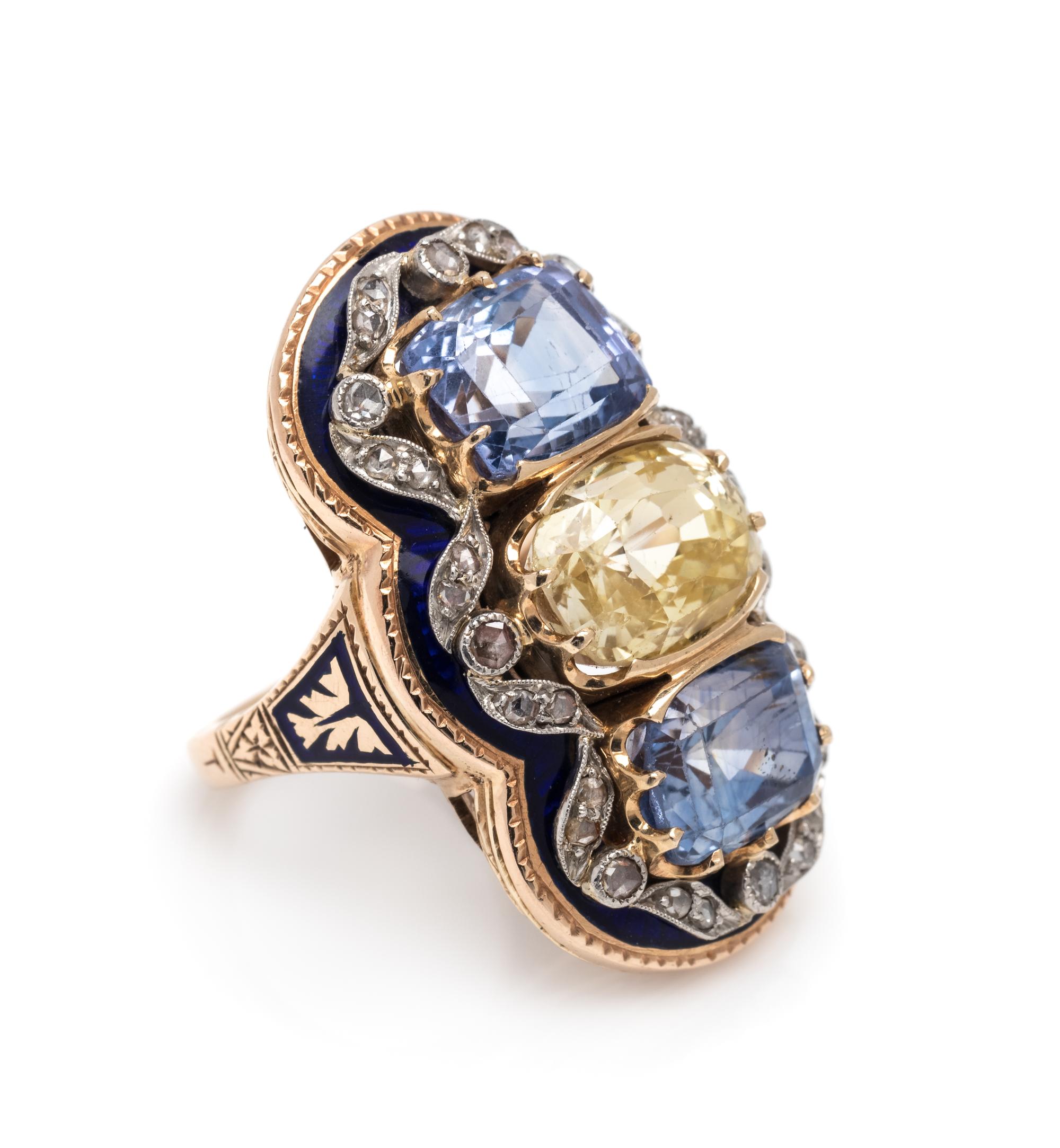 SAPPHIRE, DIAMOND AND ENAMEL RING