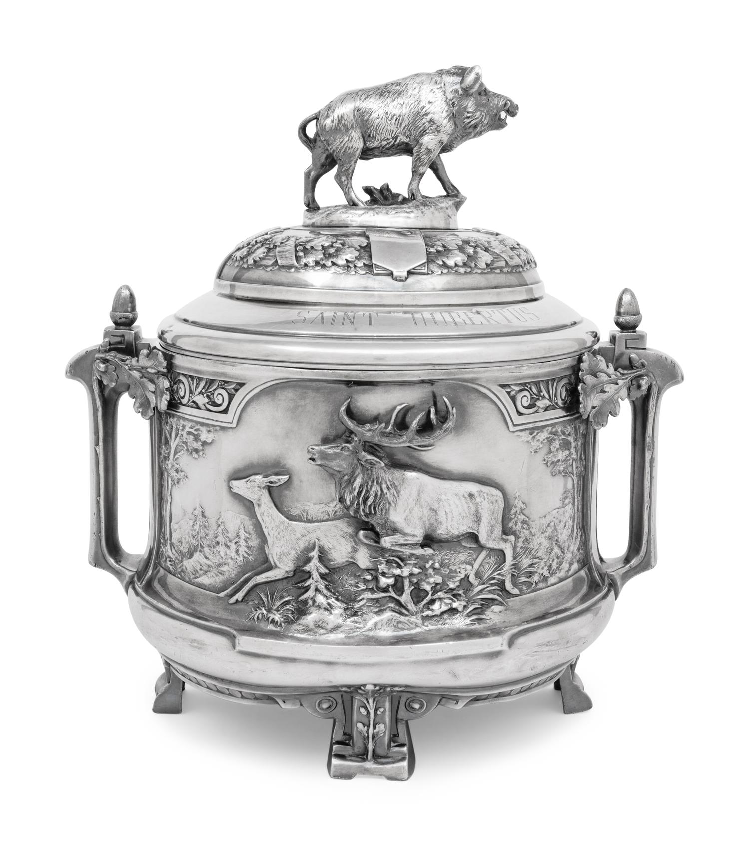 A German Silver-Plate Covered Tureen or Punch Bowl from the Saint Hubertus Hunting Lodge, Gelderland, Netherlands