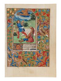 MASTER OF THE CHRONIQUE SCANDALEUSE (active Paris, c. 1490-1510) A leaf from a Book of Hours, including a large miniature of the Annunciation to the Shepherds, in Latin, illuminated manuscript on parchment [Paris, c. 1490-1500]