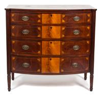 A Federal Style Mahogany Inlaid Bow Front Chest of Drawers Height 41 3/4 inches x width 44 x depth 23 inches. — 19TH CENTURY