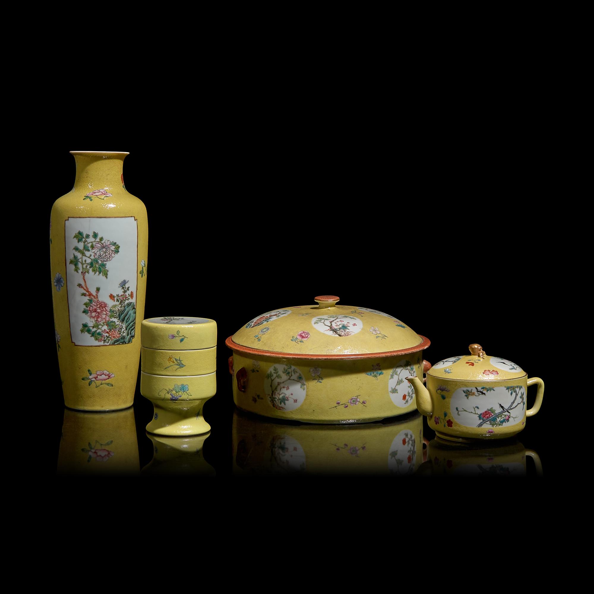 Four Chinese Sgraffito Yellow Ground Famille Rose Porcelain Wares, 20th Century 晚清民國 黃地粉彩軋道錦紋開光花果紋瓷器一組四件