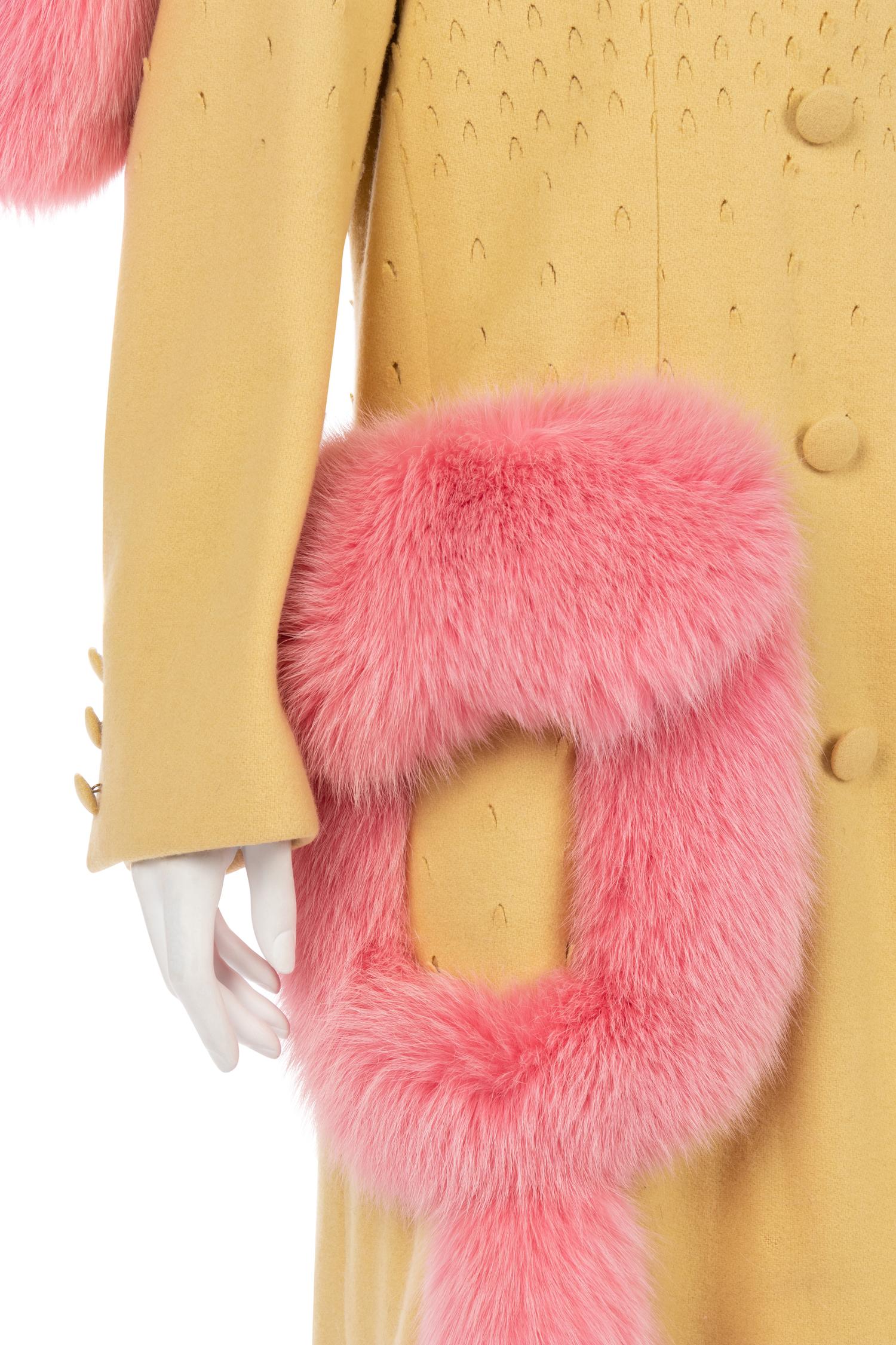 John Galliano Yellow Wool Coat Trimmed with Pink Fox and Matching Shawl, Fall 1997