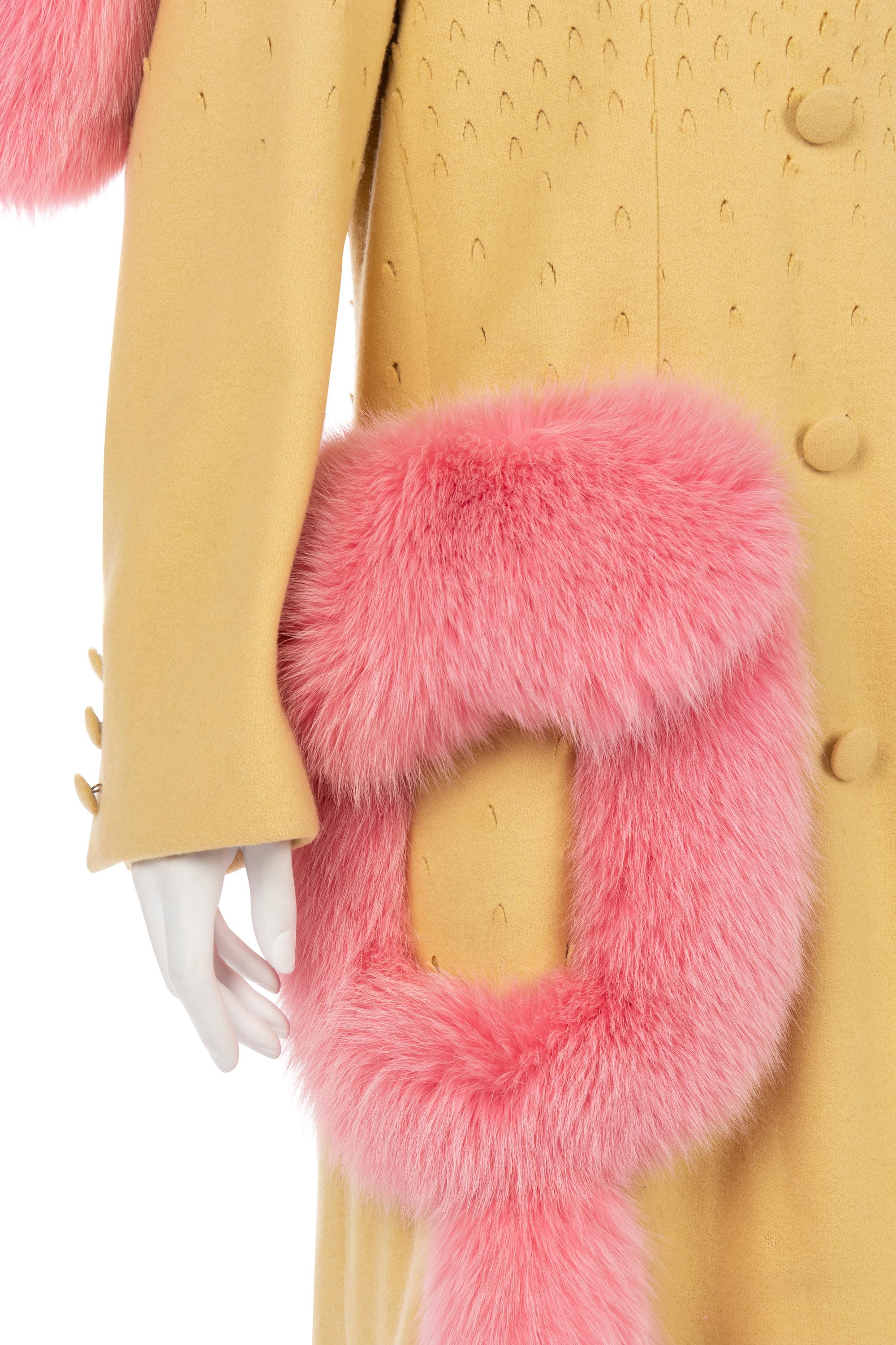John Galliano Yellow Wool Coat Trimmed with Pink Fox and Matching Shawl, Fall 1997