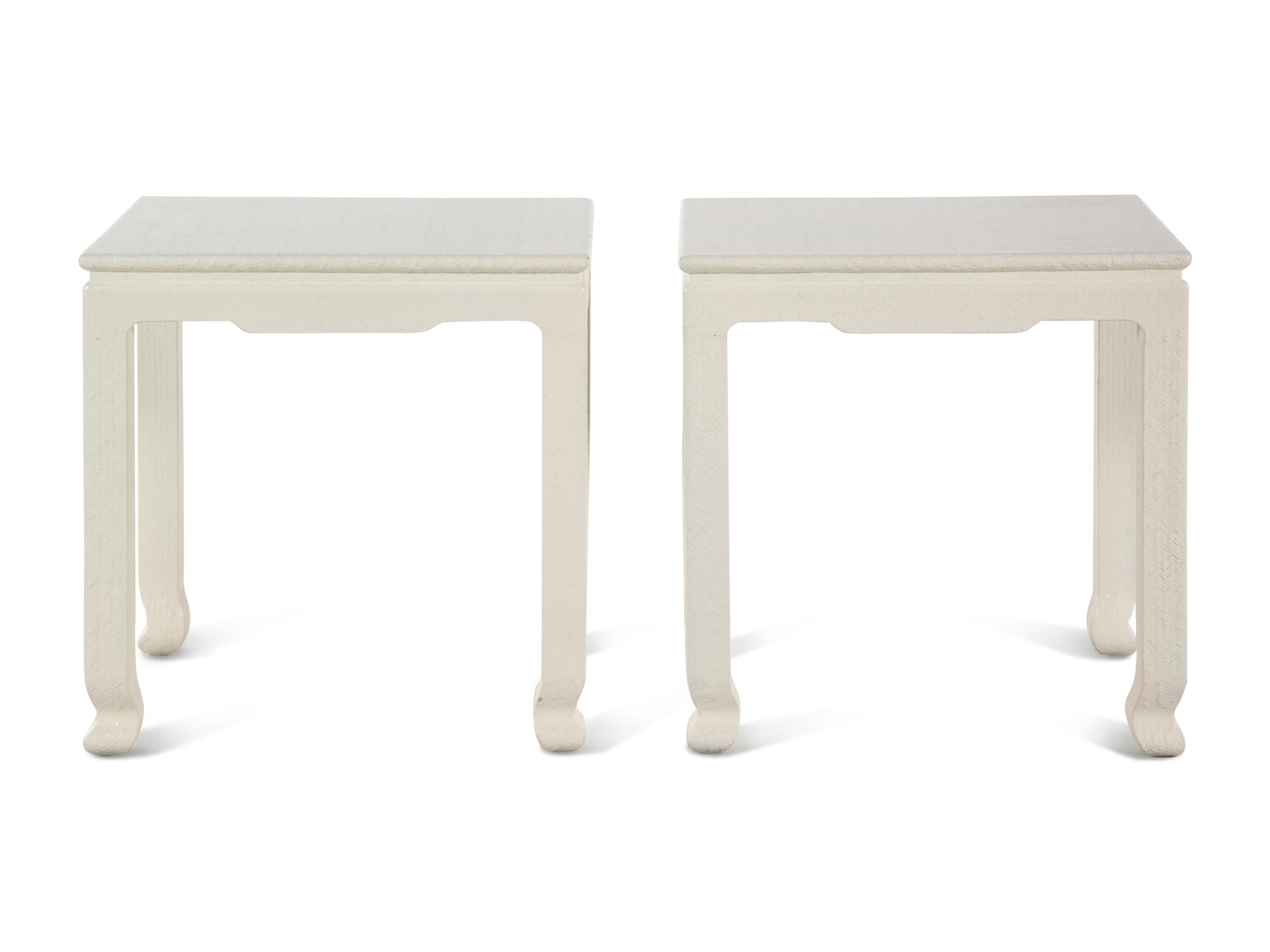 A Pair of White Painted Raffia End Tables