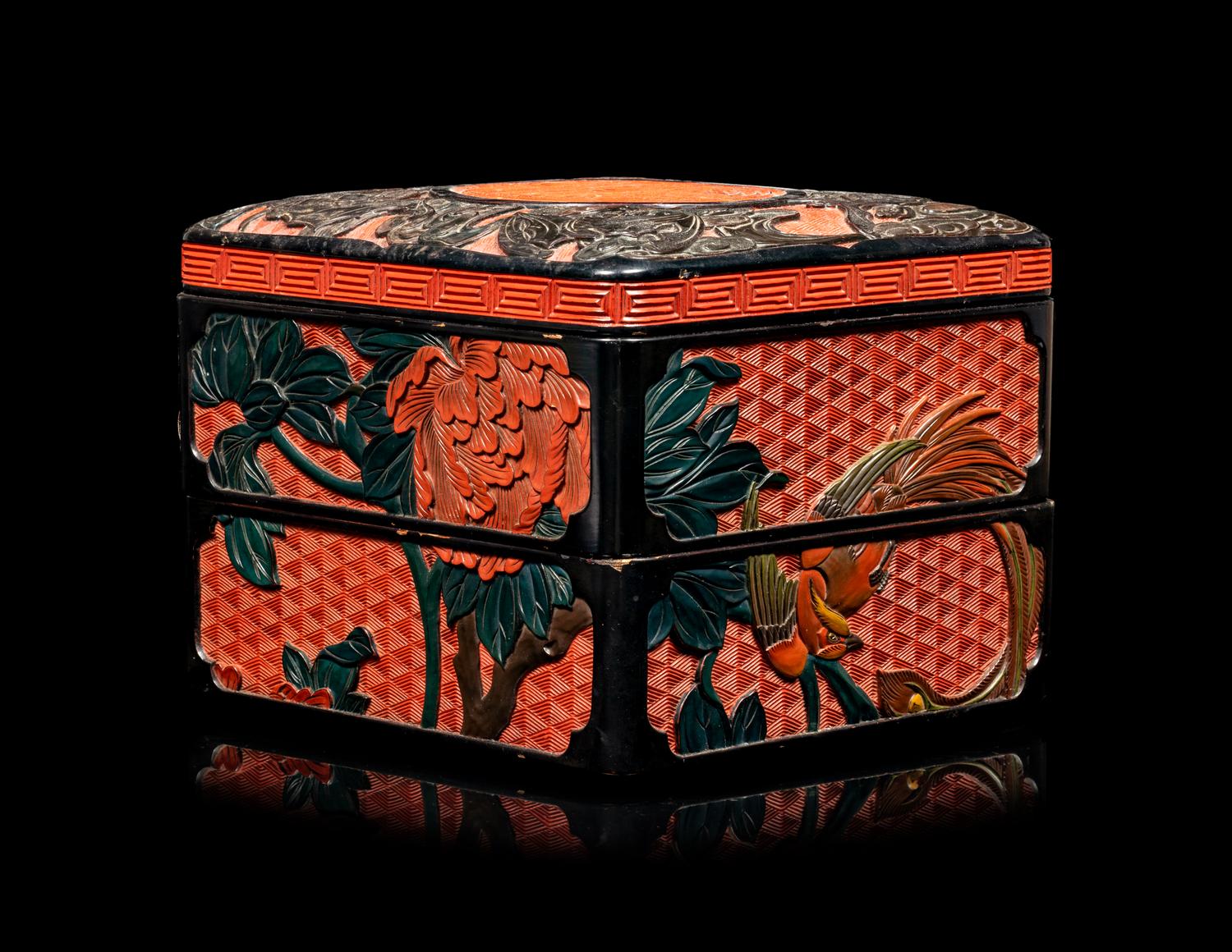 A Chinese Carved Lacquer Square Box and Cover