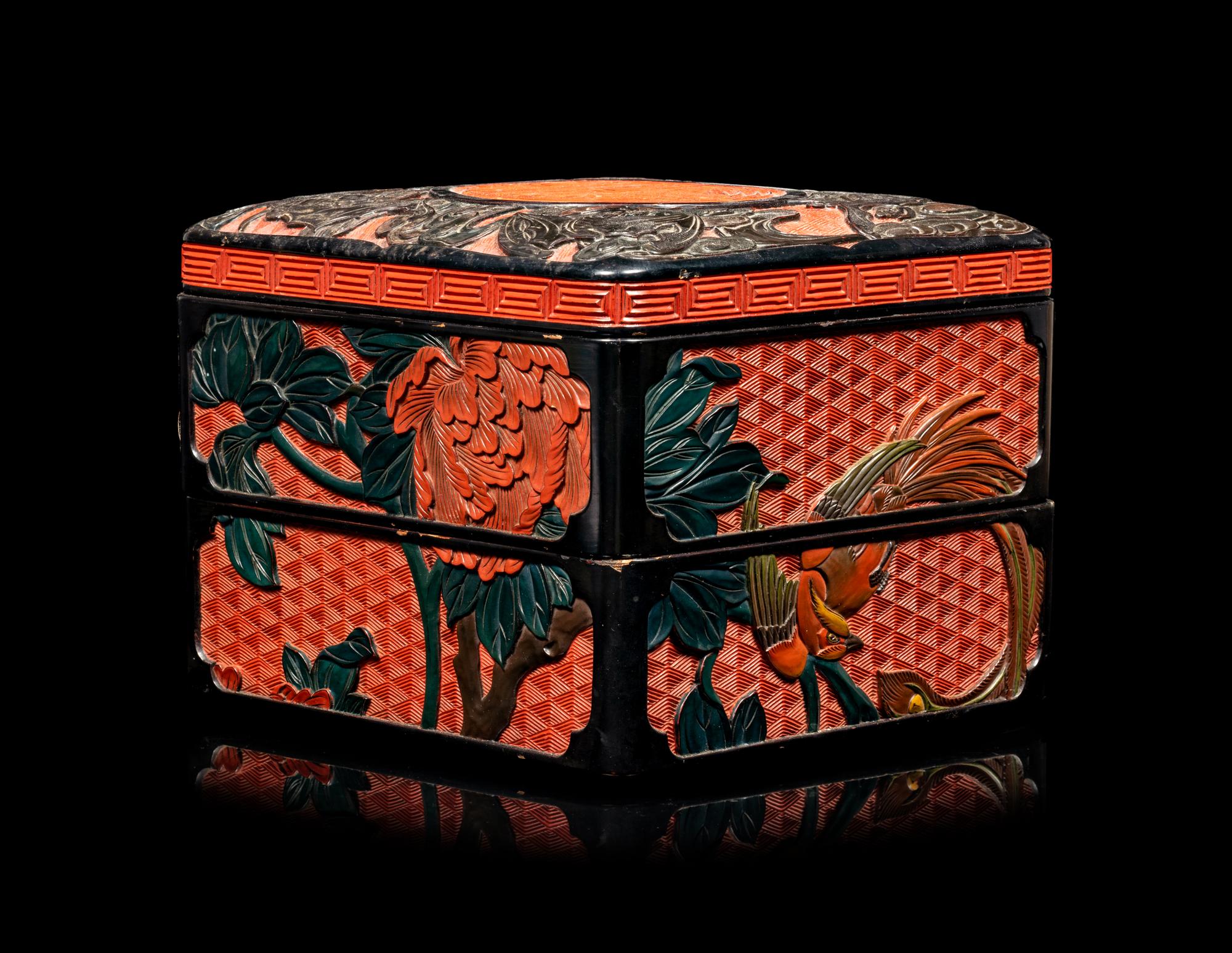 A Chinese Carved Lacquer Square Box and Cover