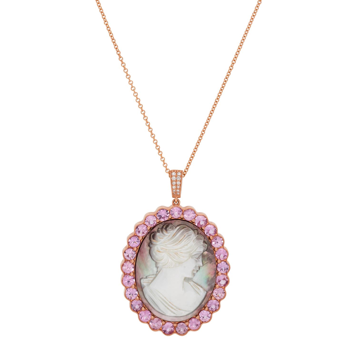 MOTHER-OF-PEARL, PINK SAPPHIRE AND DIAMOND PENDANT/NECKLACE