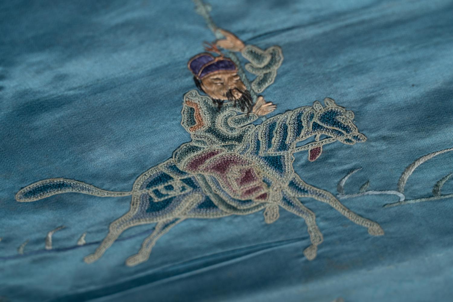 Two Chinese Blue Embroidered Silk Hanging Panels
