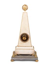 A Late Louis XVI or Directoire Gilt Bronze and Marble Obelisk Clock and Stand