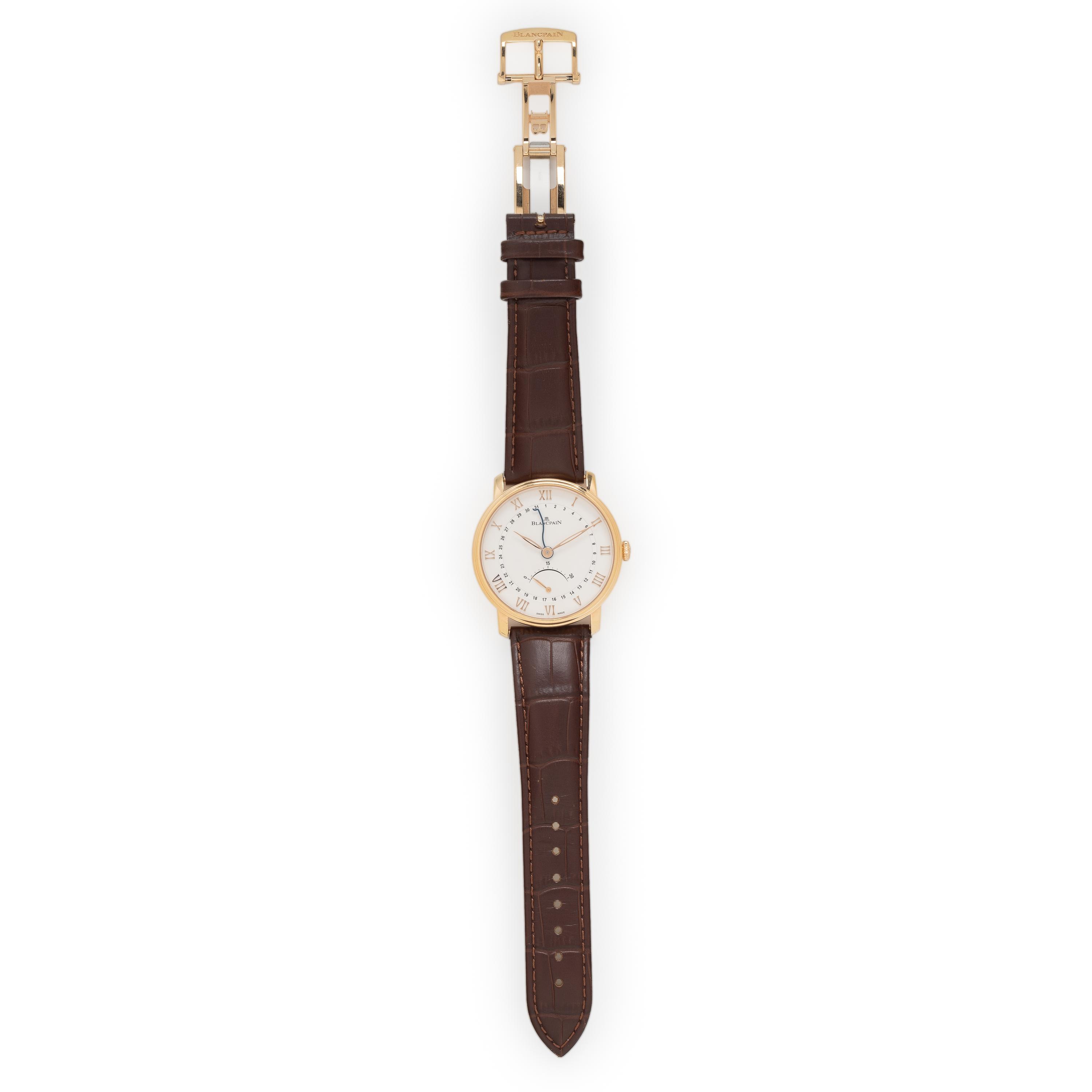 Blancpain, Ref. 6653Q 18K Rose Gold 'Villeret' Power Reserve Calendar Watch with Serpentine Date Hand