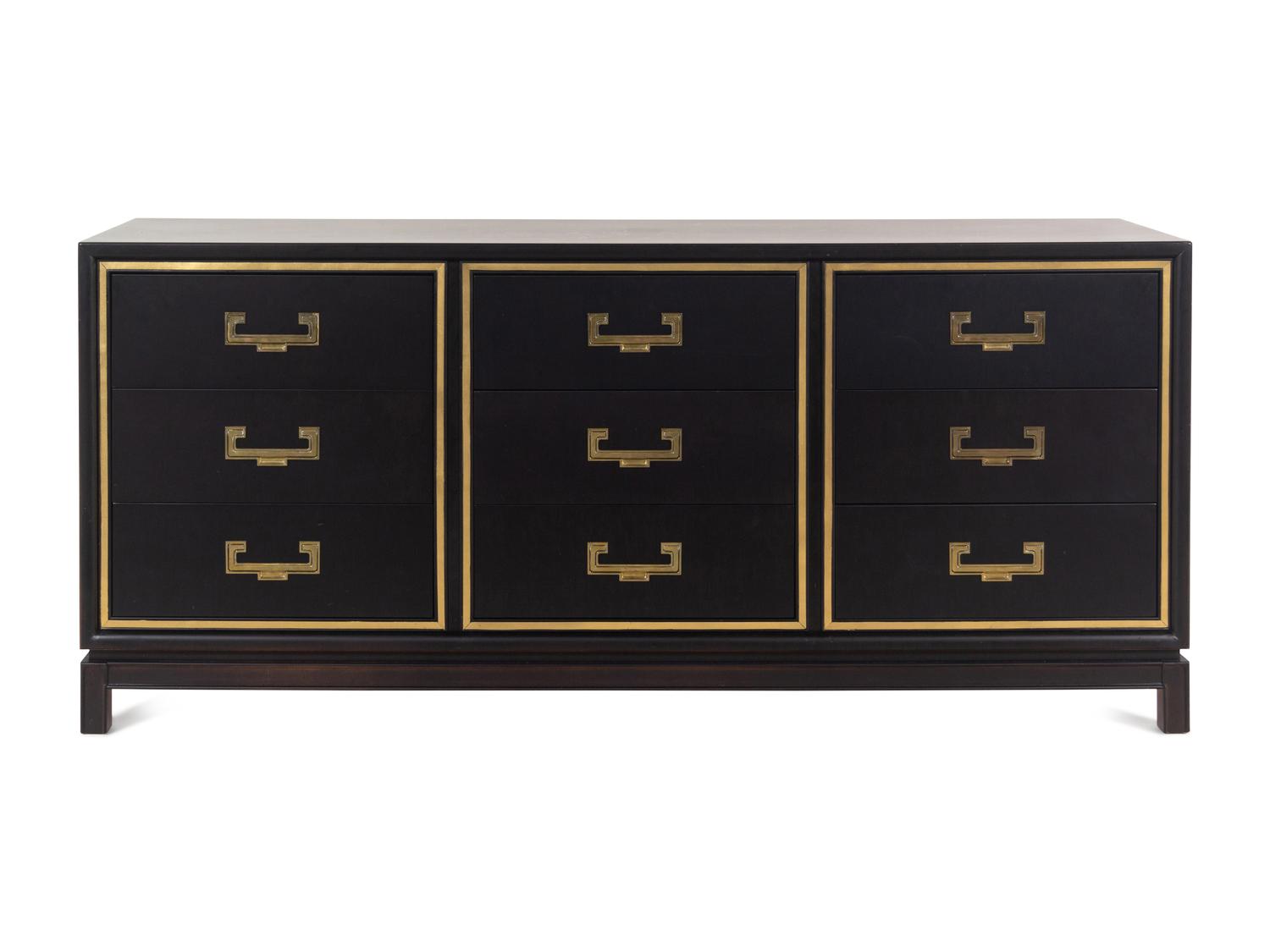 A Contemporary "Hollywood Regency" Style Brass Mounted Ebonized Chest of Drawers