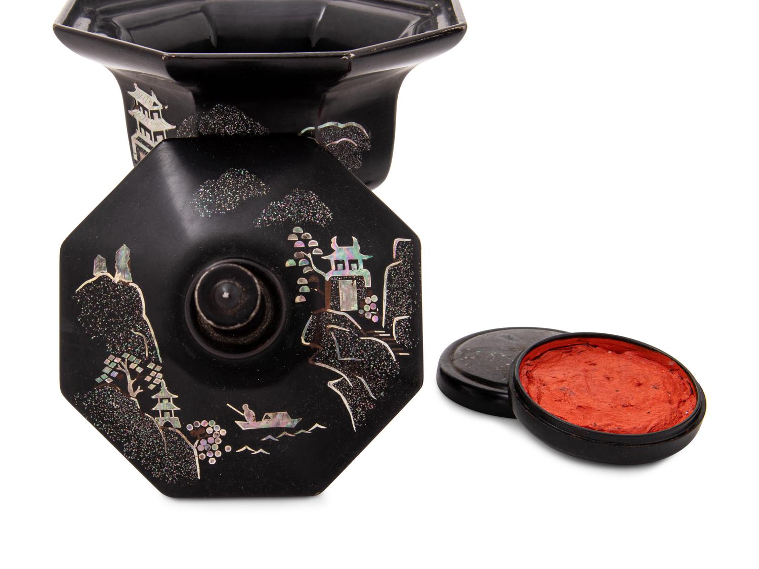 Three Chinese Mother-of-Pearl Inlaid Black Lacquered Wares