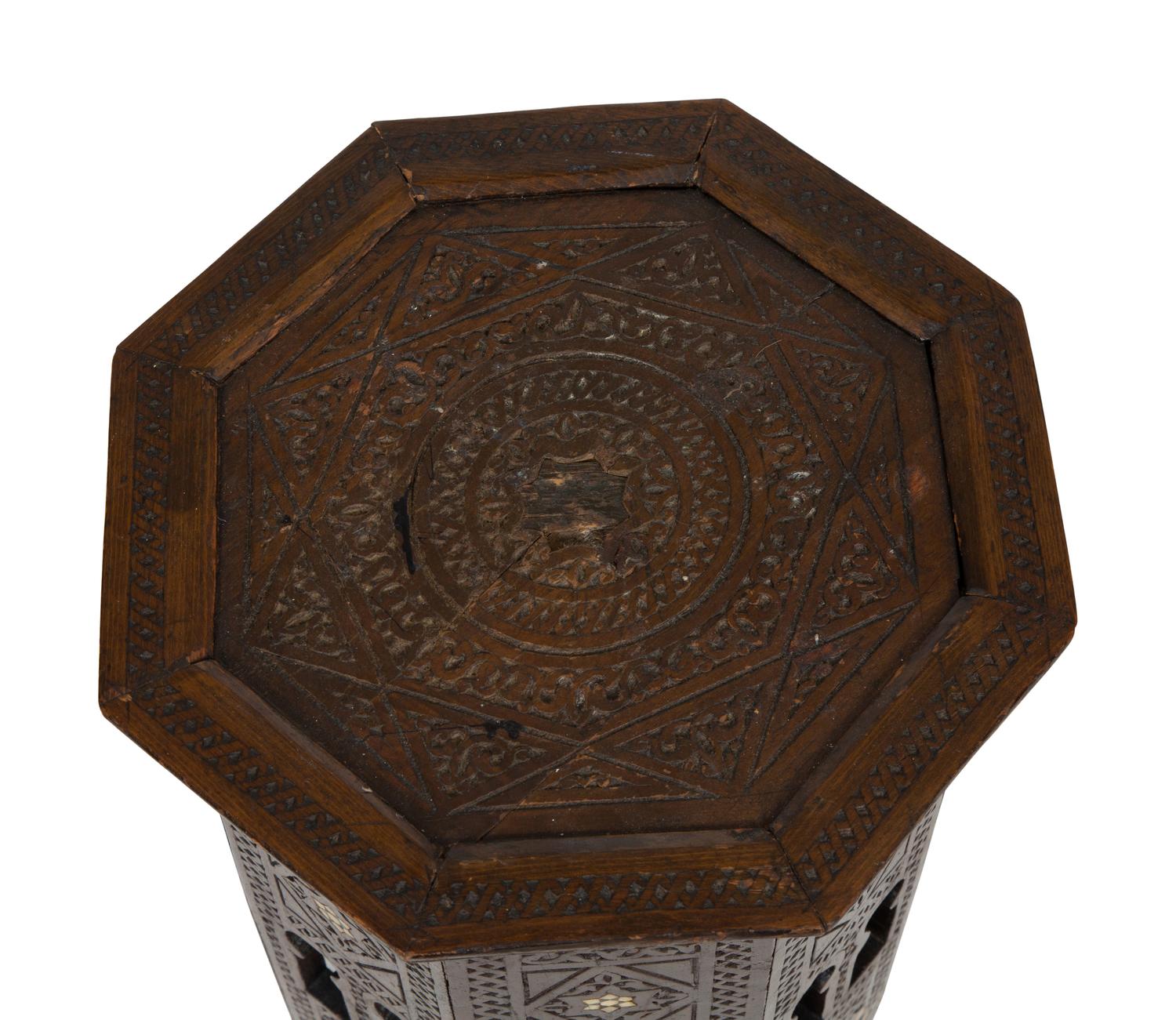 A Moroccan Bone Inlaid Walnut Hexagonal Side Table