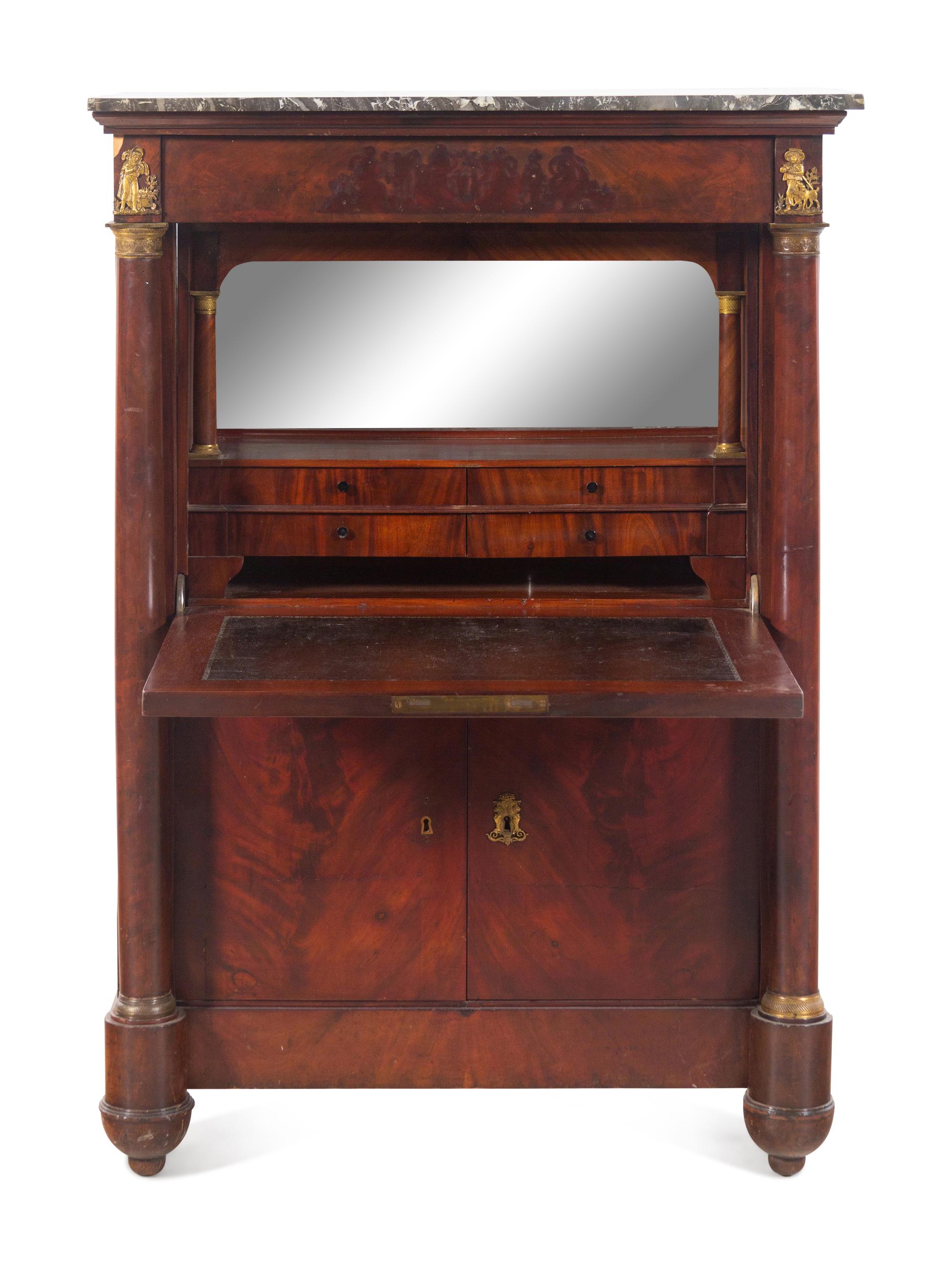 An Empire Style Gilt Metal Mounted Mahogany Marble-Top Secrétaire à Abattant