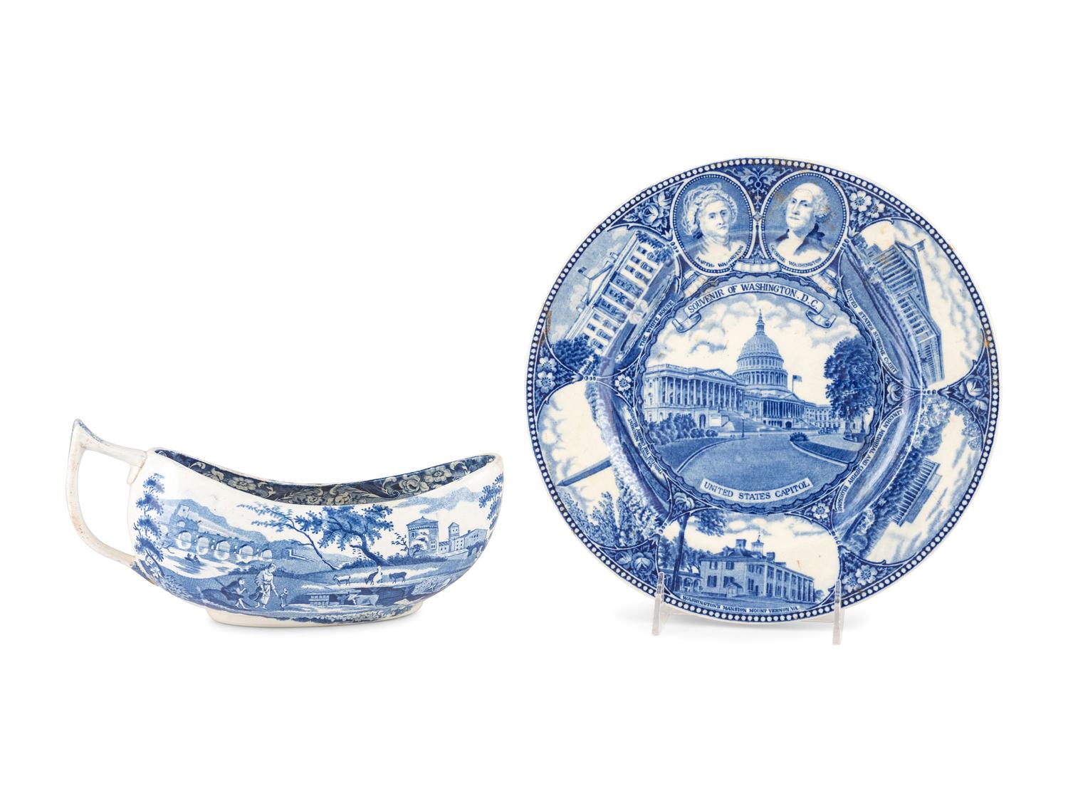 A Blue and White Transferware Sauce Boat and Plate