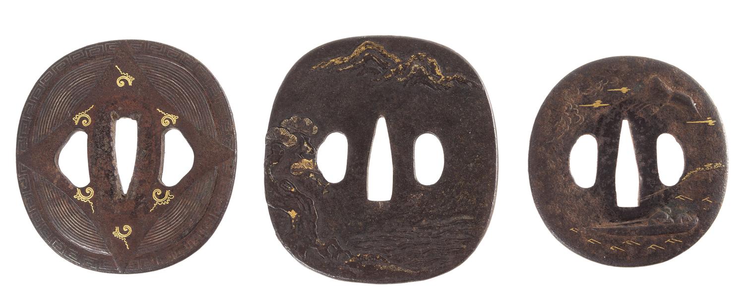 Three Gilt Decorated Iron Tsubas Height of largest 3 1/4 inches.