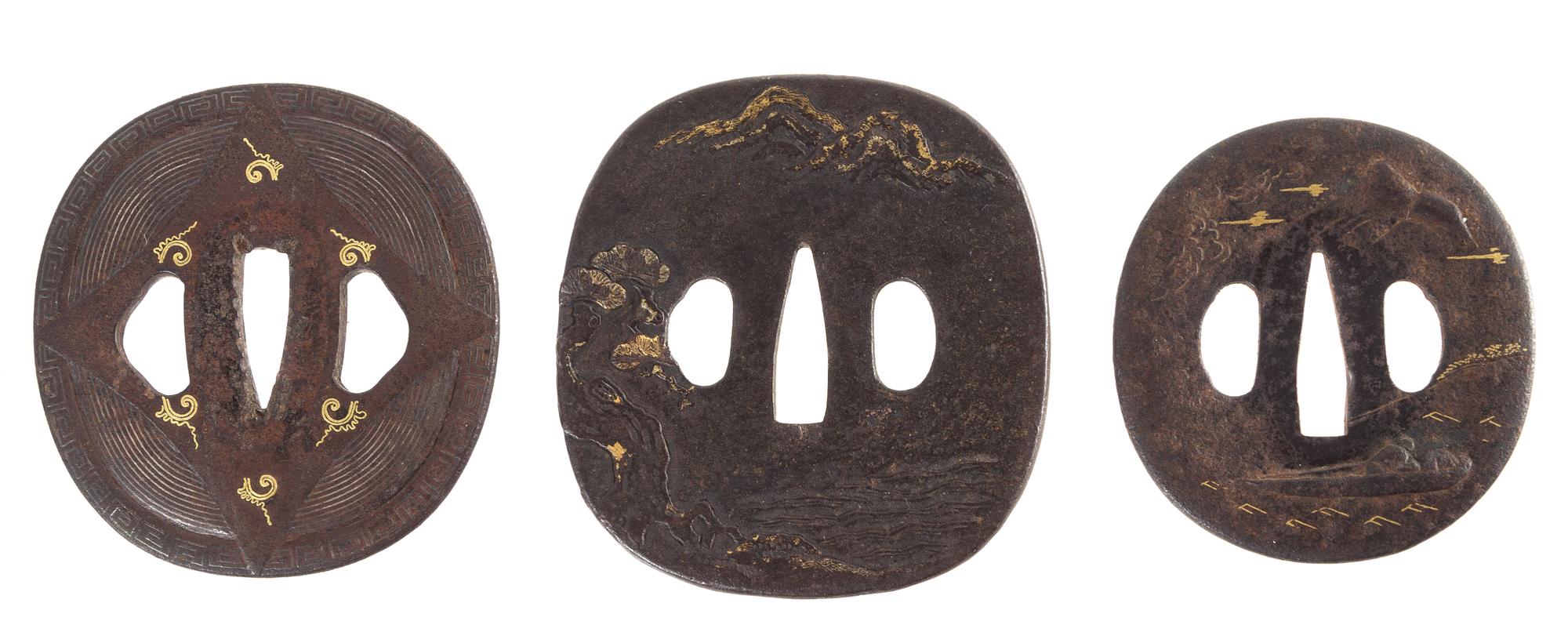 Three Gilt Decorated Iron Tsubas Height of largest 3 1/4 inches.