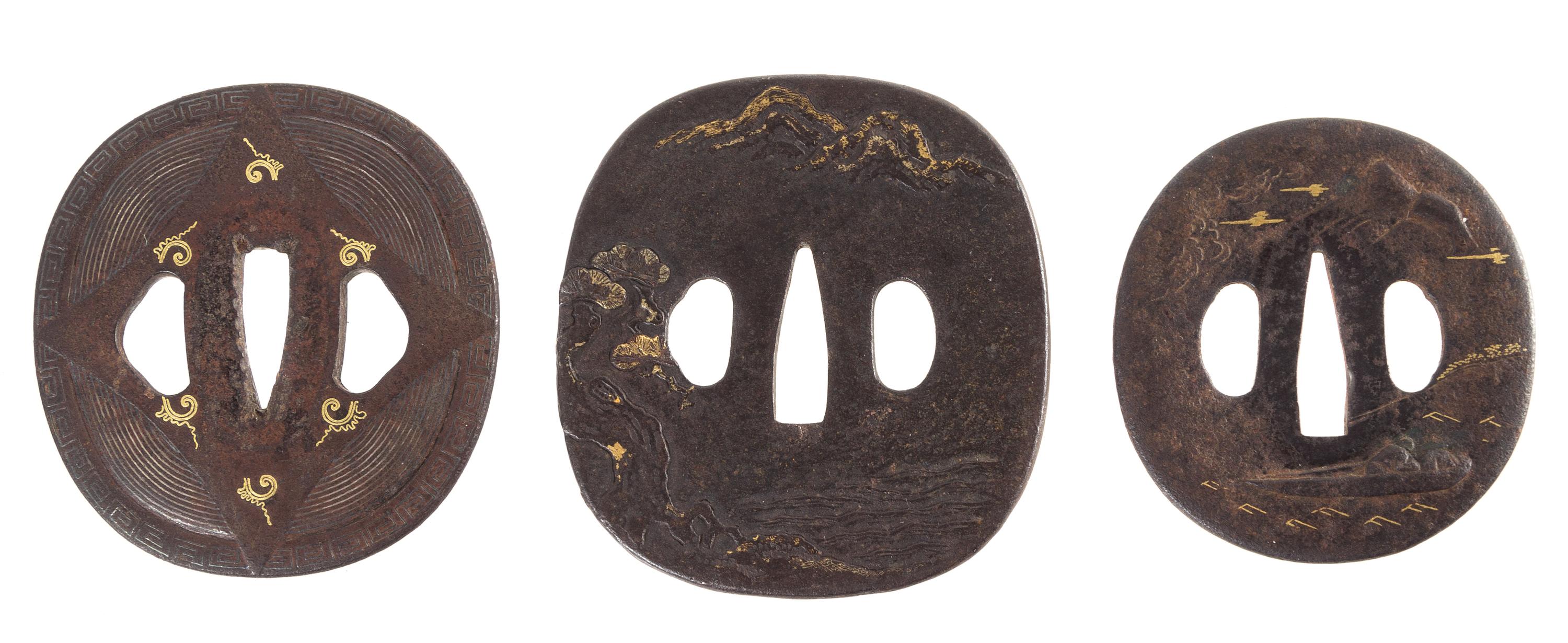 Three Gilt Decorated Iron Tsubas Height of largest 3 1/4 inches.