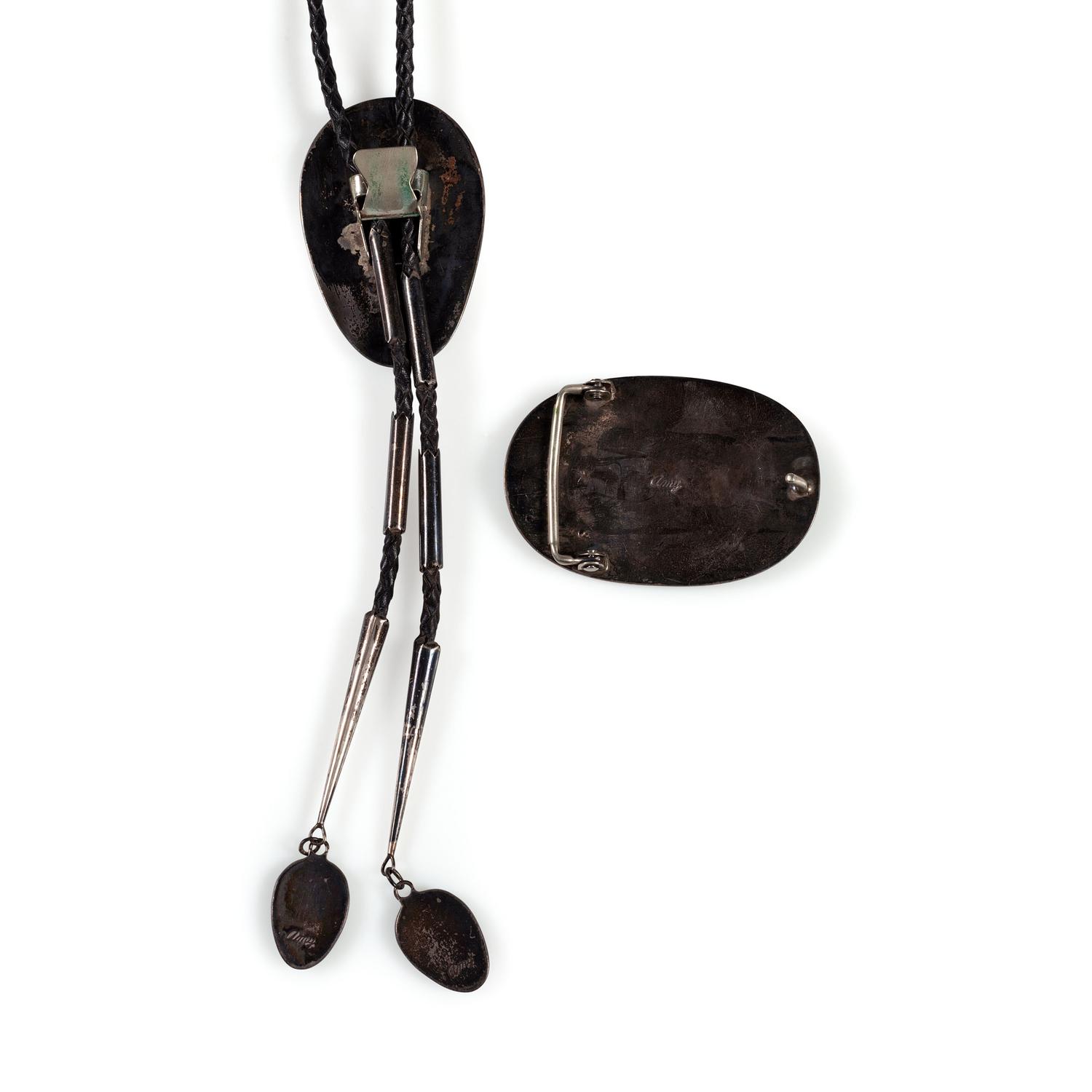 Silver and Turquoise Channel Inlay Belt Buckle and Matching Bolo Tie
