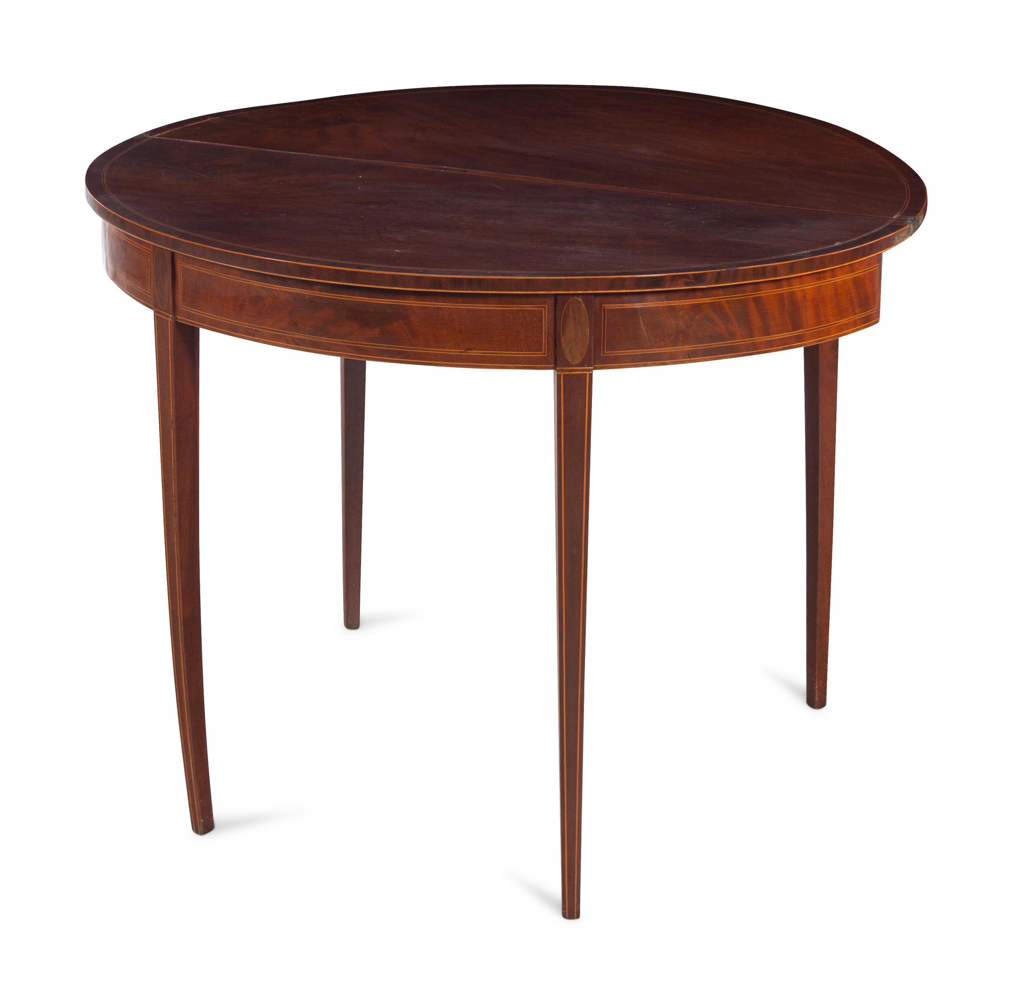 A Federal Inlaid and Figured Mahogany Demilune Game Table