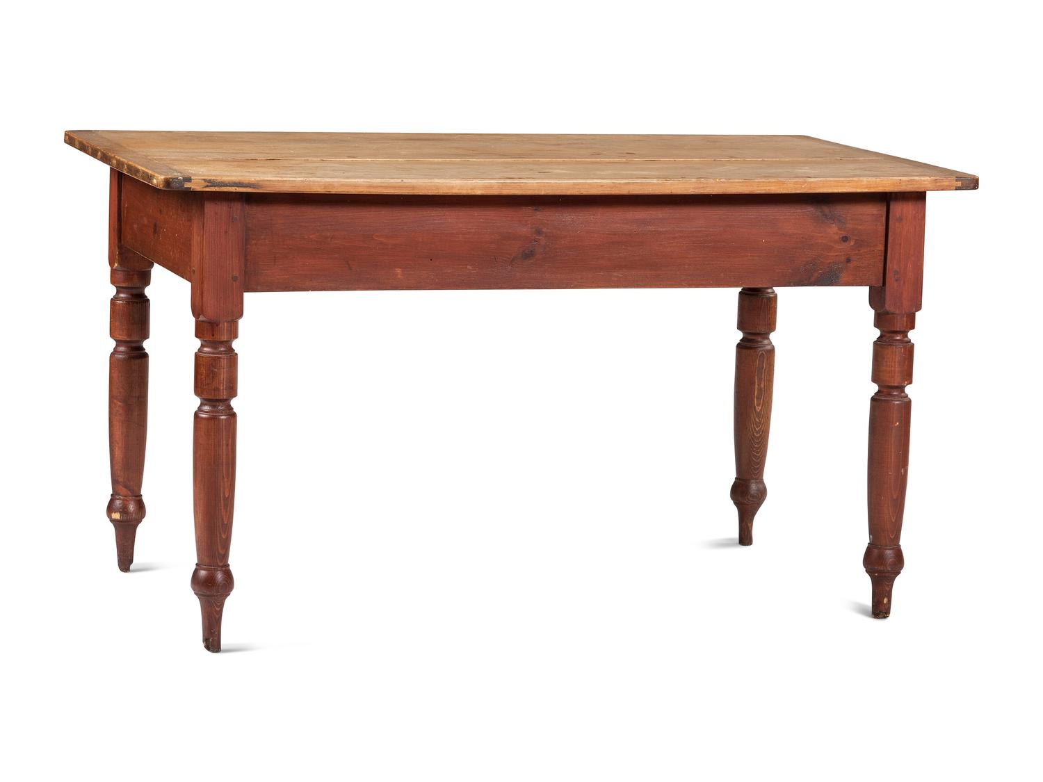 A Country Late Federal Red-Stained Pine Scrubbed Top One-Drawer Work Table