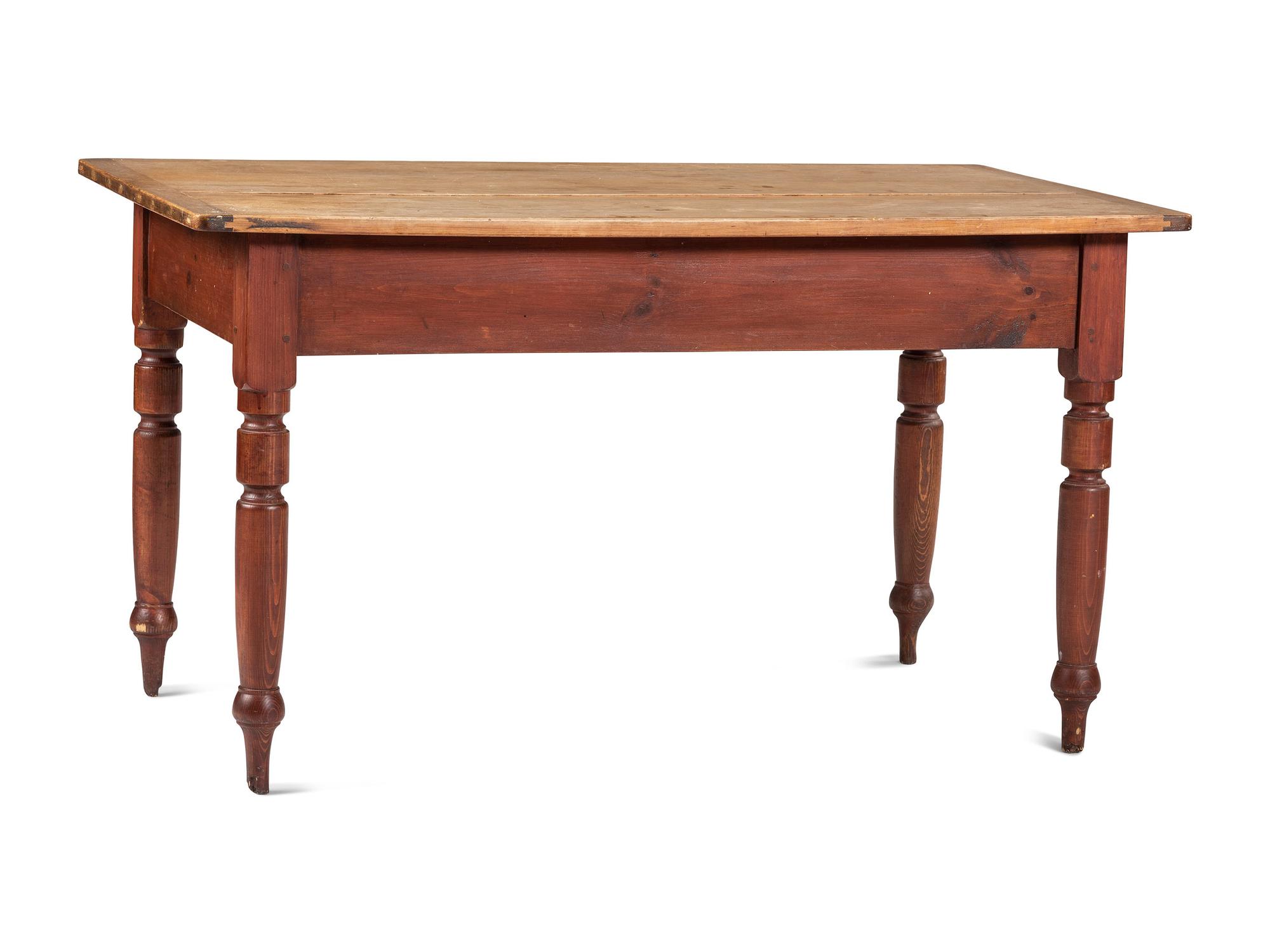 A Country Late Federal Red-Stained Pine Scrubbed Top One-Drawer Work Table