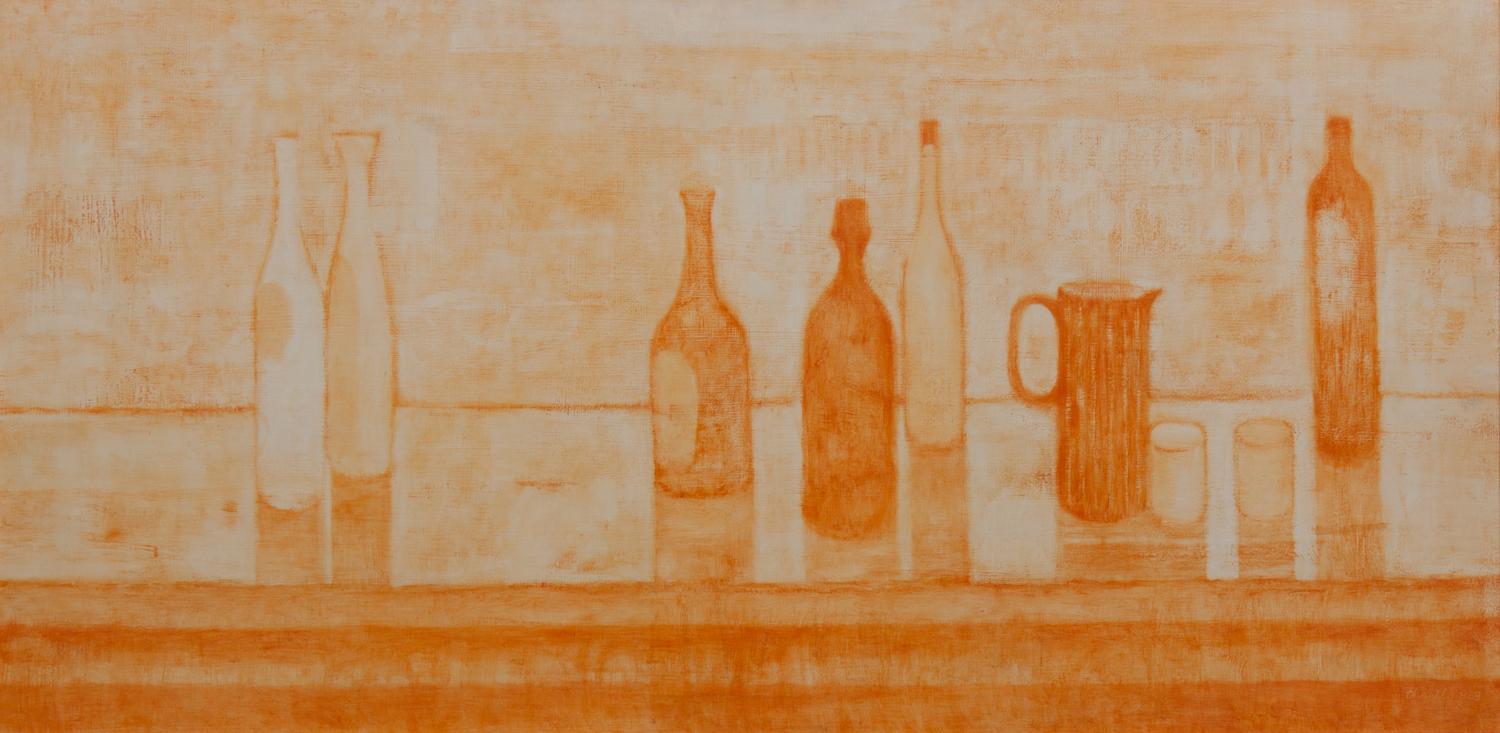 Arthur Thrall , (American, b. 1926), Bottles, Glasses and Pitcher, 1953